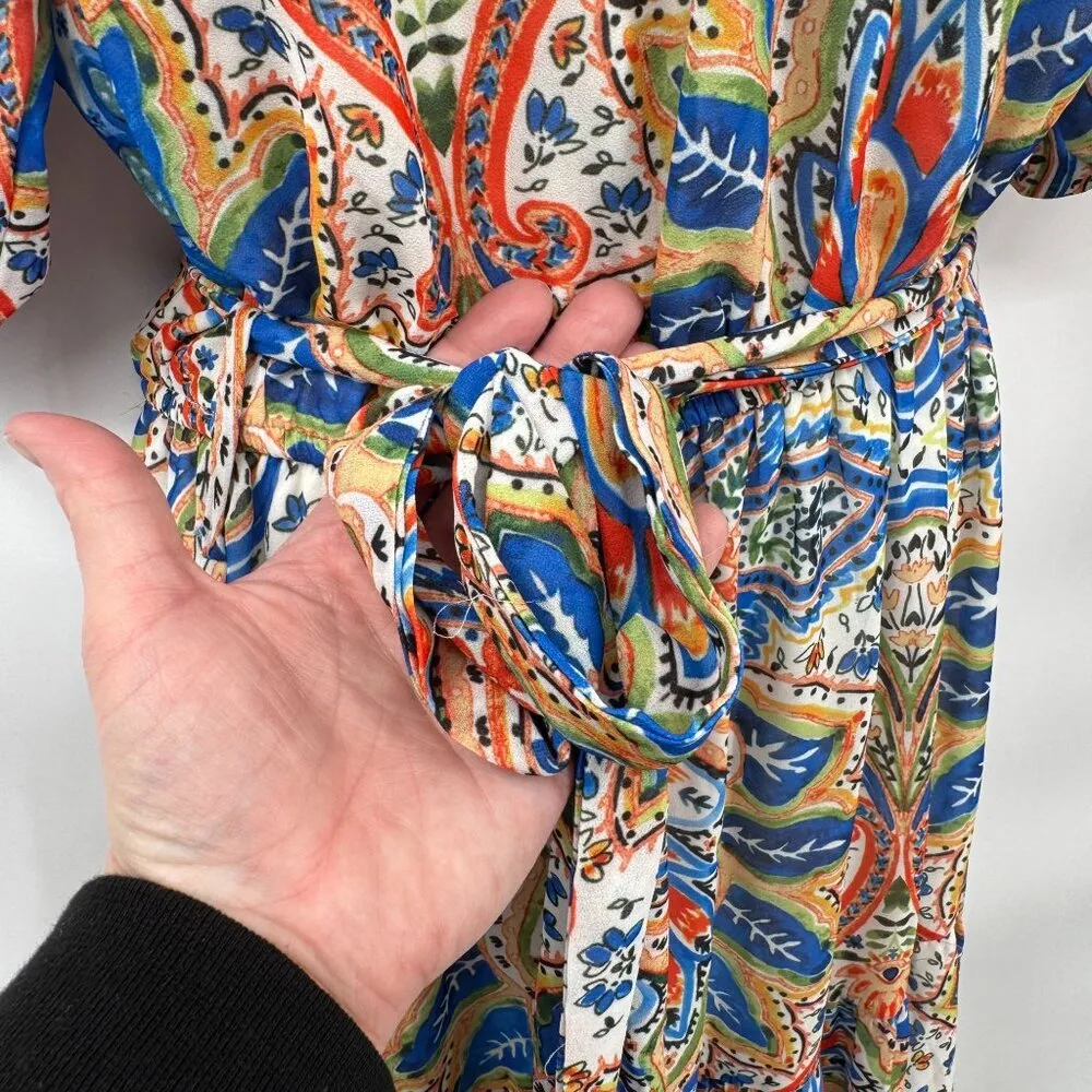 Flying Tomato Paisley Floral Chiffon Midi Dress Womens Small White Polyester Bel - Image 3