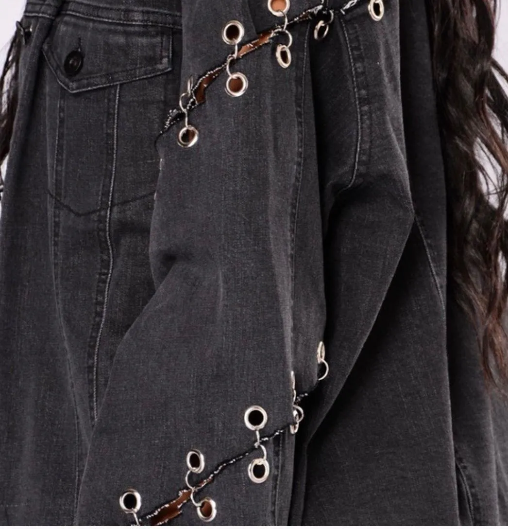 Black Chain Denim Jacket Size M - Image 3