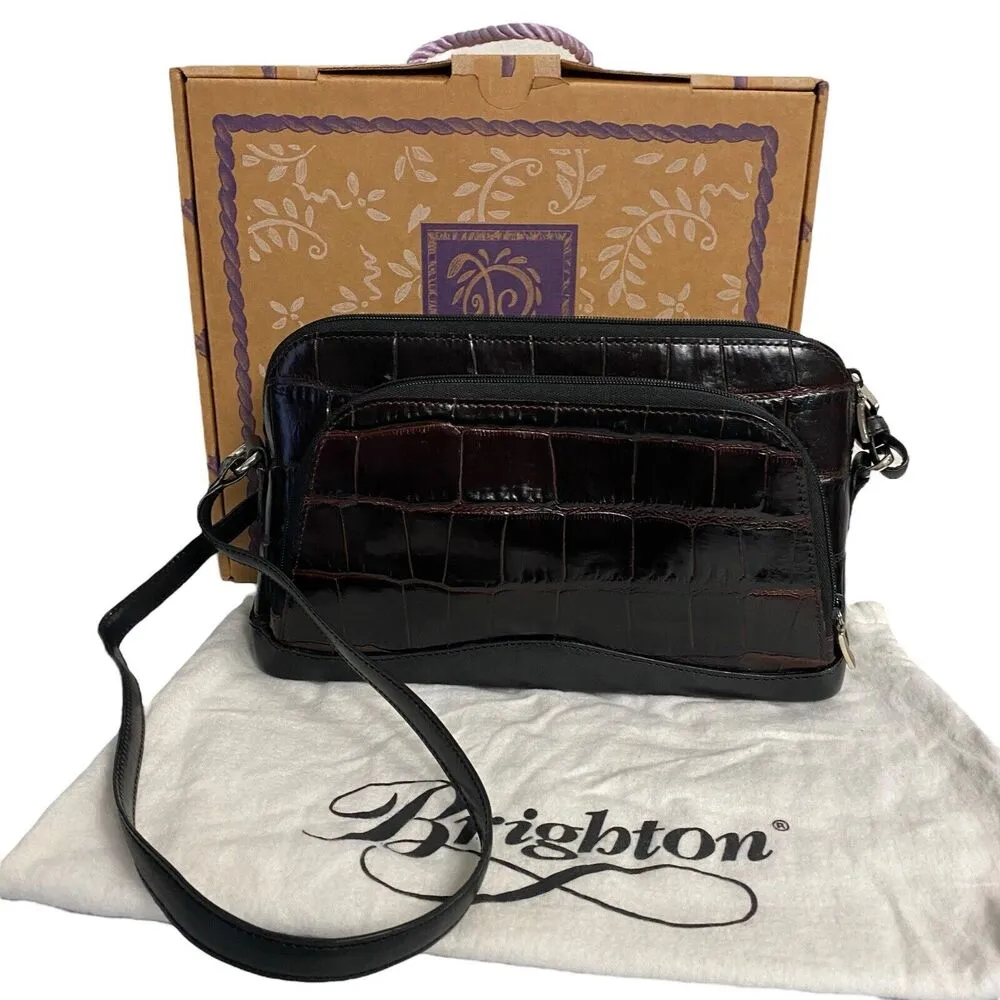 Brighton Leather Croc Burgundy Brown Purse Handbag Adjustable Shoulder Heart Bag - Image 10
