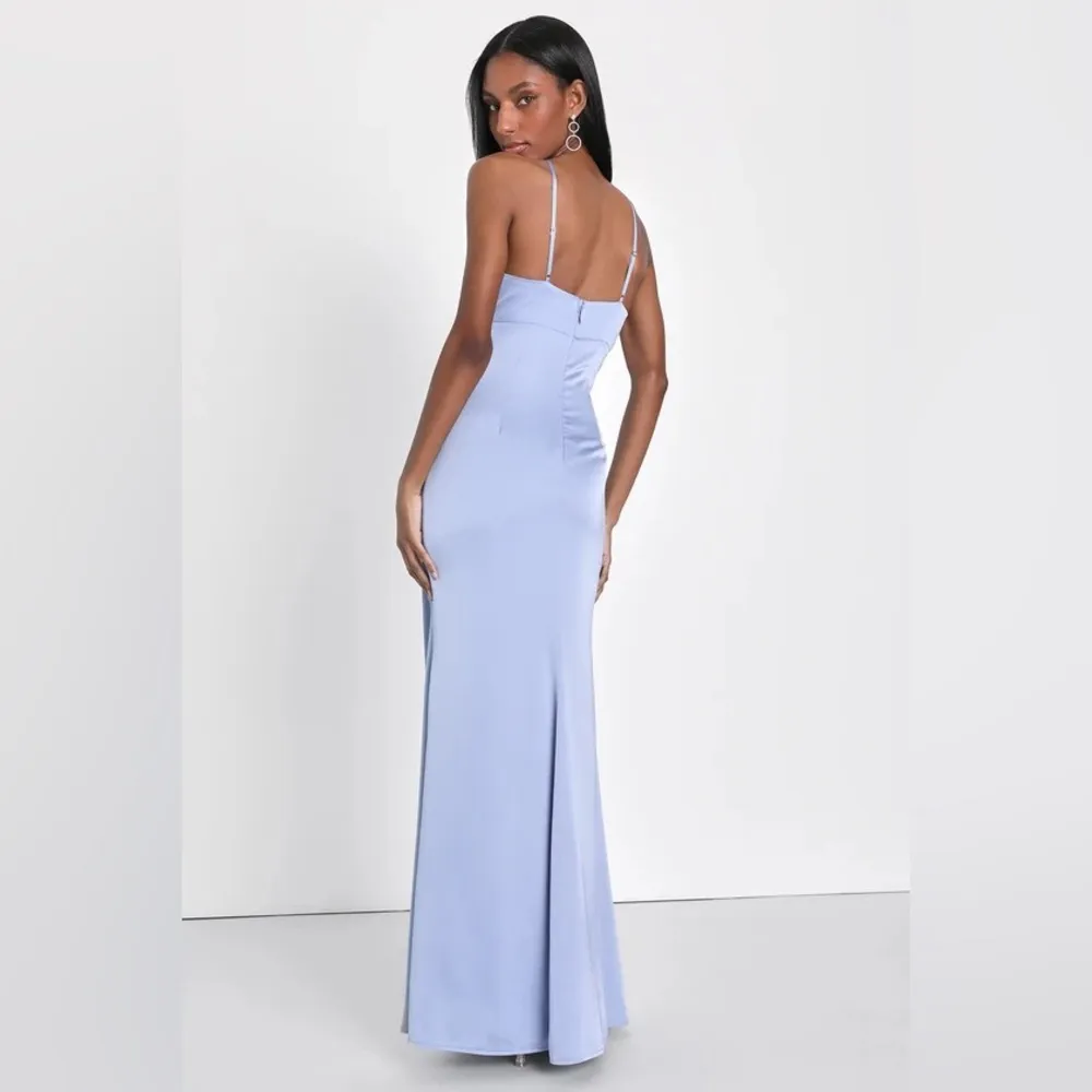 NWT Lulu’s Lustrous Love Dusty Blue Satin Halter cutout mermaid maxi - Image 5