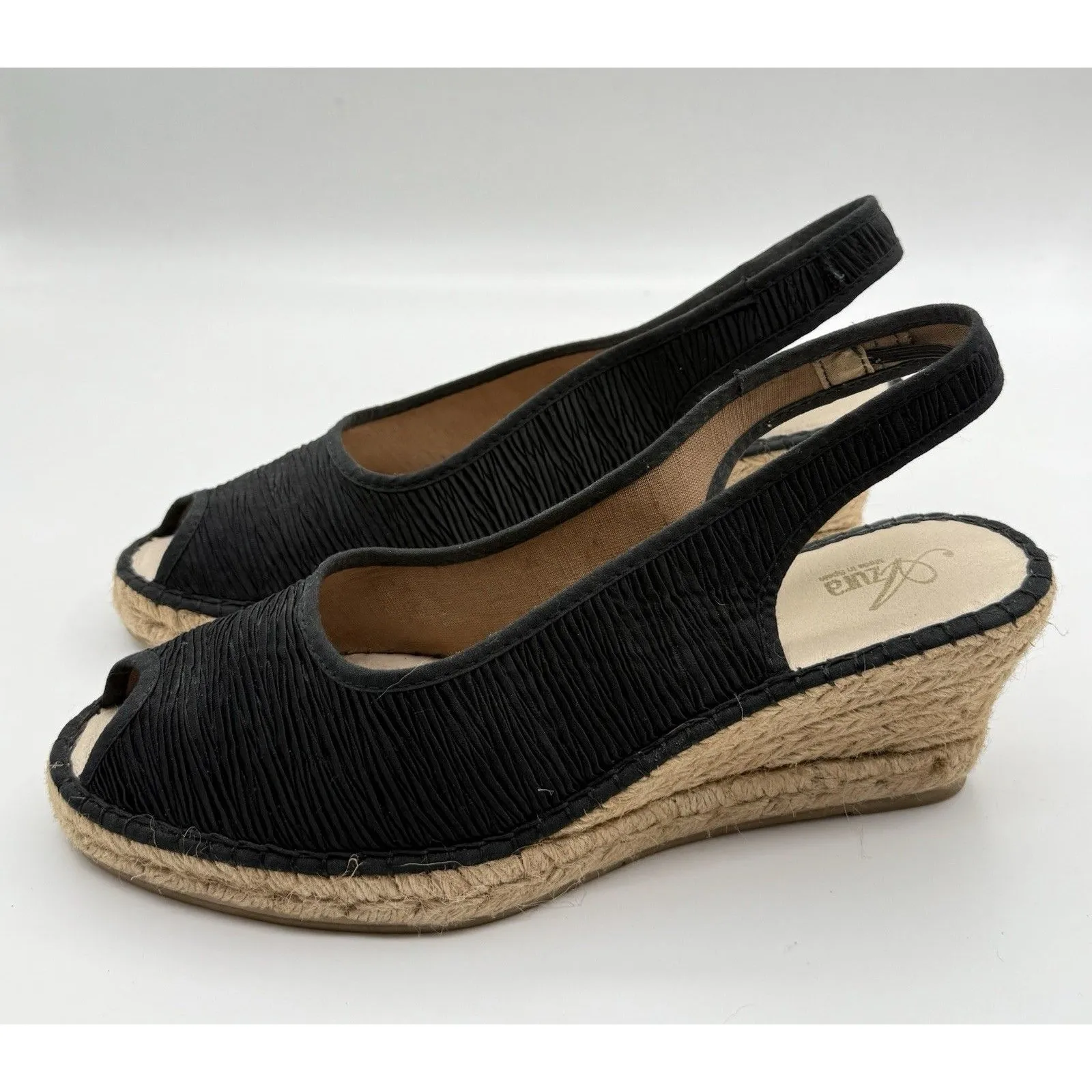 WEDGE SANDAL Azura “Jeanette” Silk‎ Peep Toe, Size 9.5 Made In Spain 41 Euro Black - Image 3