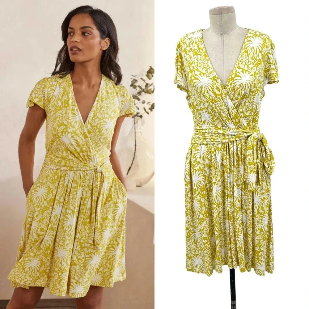 Boden Evangeline Jersey Wrap‎ Dress Yellow Floral Print Size US 12R - Image 2