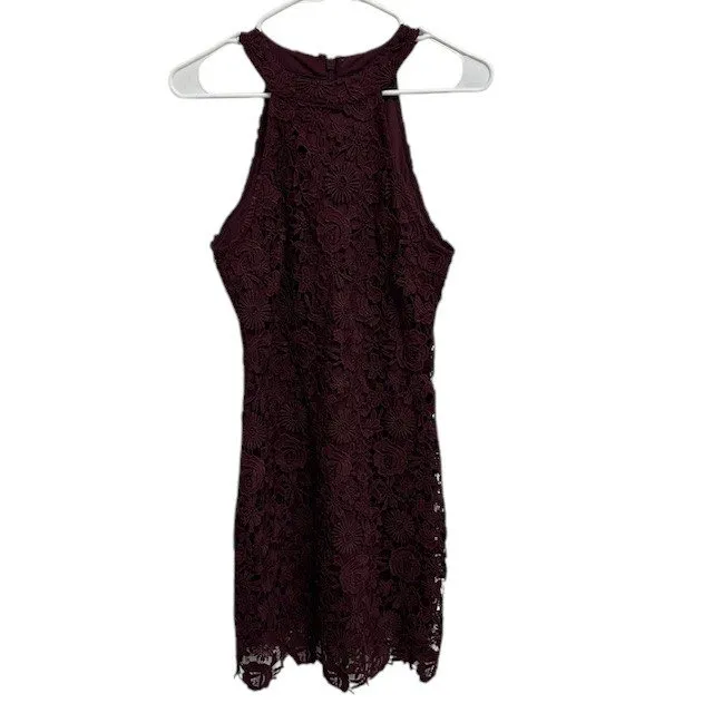 Lulus Love Poem Burgundy‎ Lace Halter Mini Dress Party Cocktail Date Night Small - Image 3