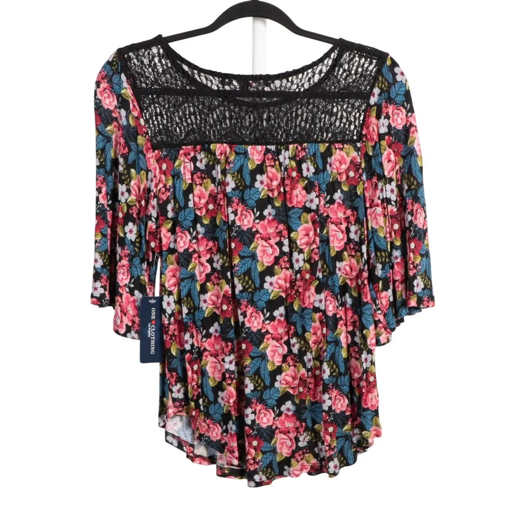 One Clothing Floral Boho Shirt L Womens NEW Black Pink Blue Lace Yoke Flowy - Image 6