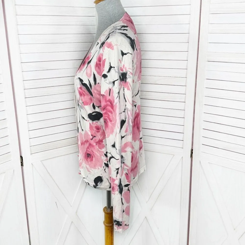Jones New York Floral Silk Blend V Neck Cardigan Sweater‎ Cream Pink Medium - Image 2