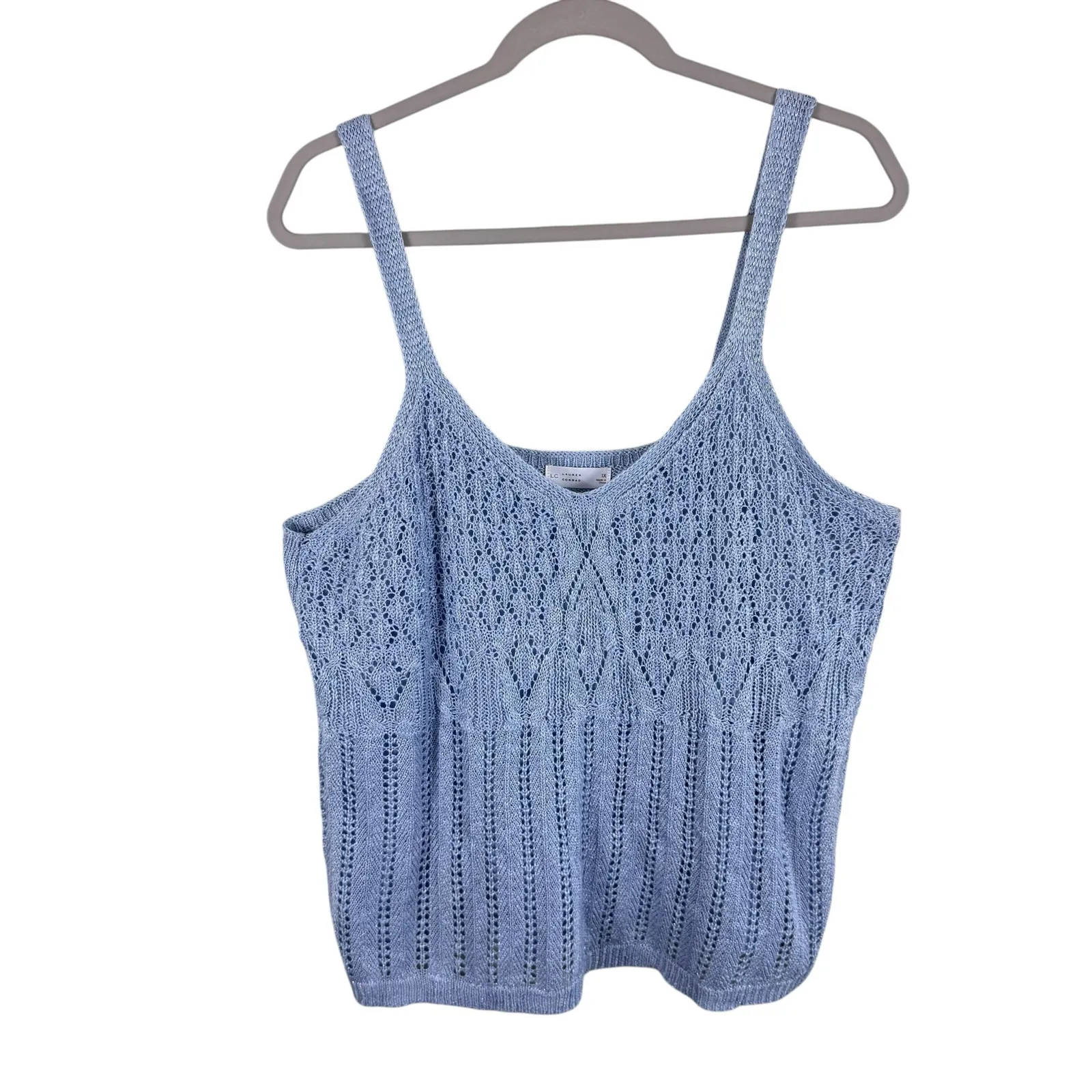 LC Lauren Conrad Blue Shimmery Crochet Knit Lined Sweater Tank Top Blouse Sz‎ 1X - Image 4