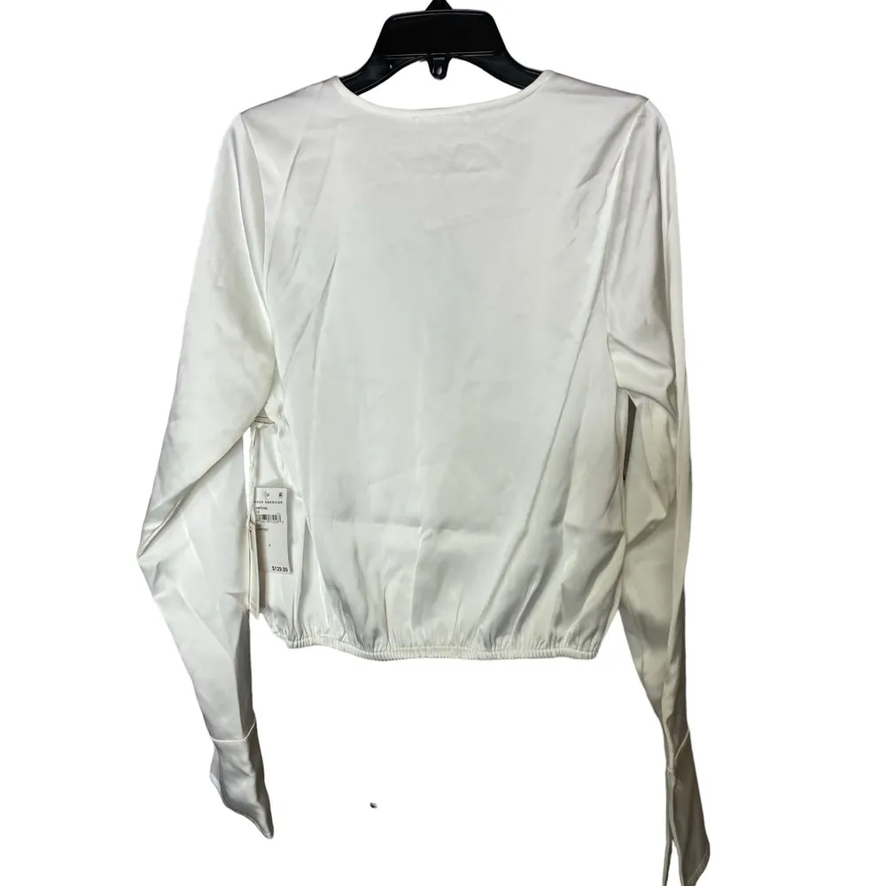 NWT Good American Faux Wrap Blouse XS Ivory Cuffed Blouson Long Sleeve V-Neck - Image 3