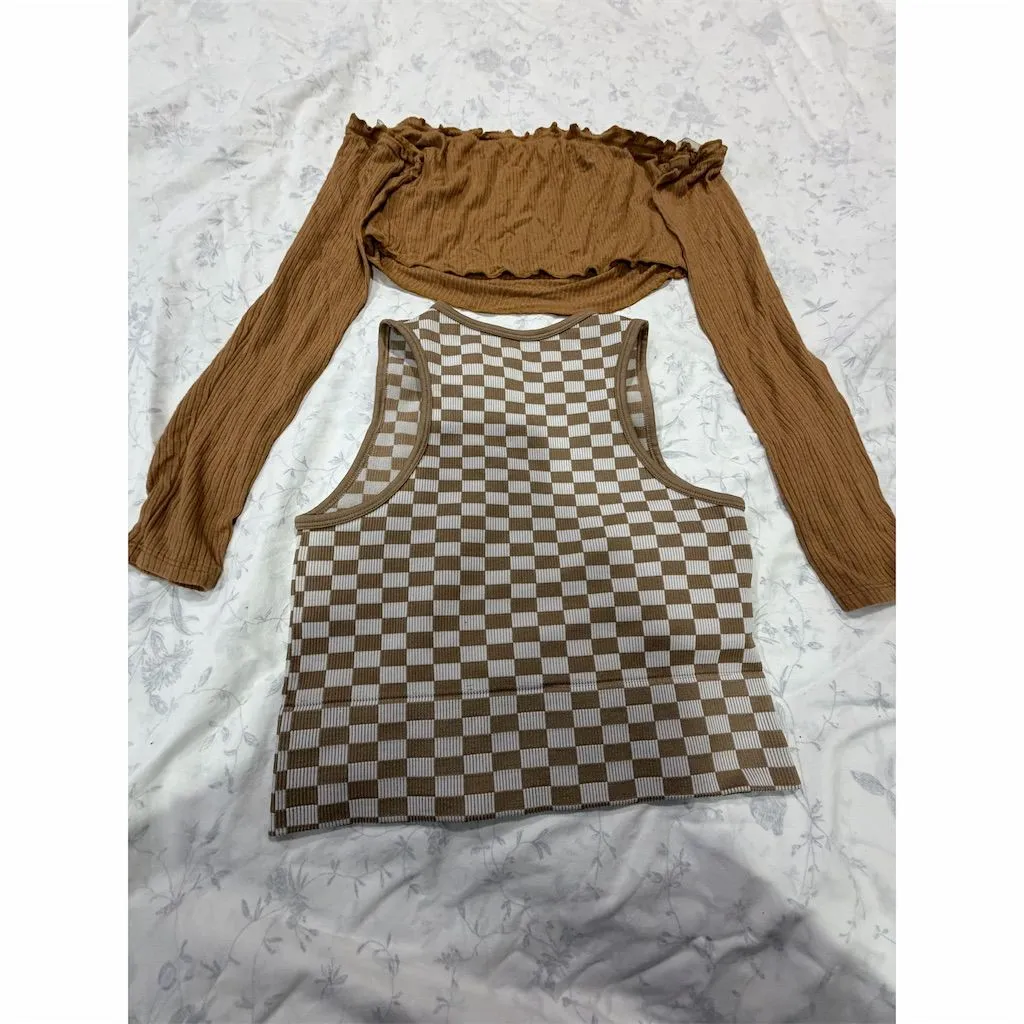 Wild Fable Women's S 2-Piece Checkerboard Tank & Brown Long Sleeve Set - Image 5