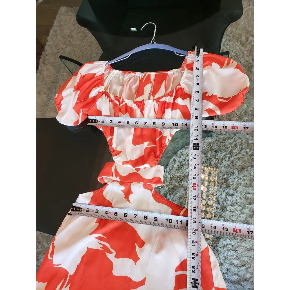 Womens Long Maxi Dress S White Orange Floral Back Cut Out Round Neck Puff Sleeve - Image 8