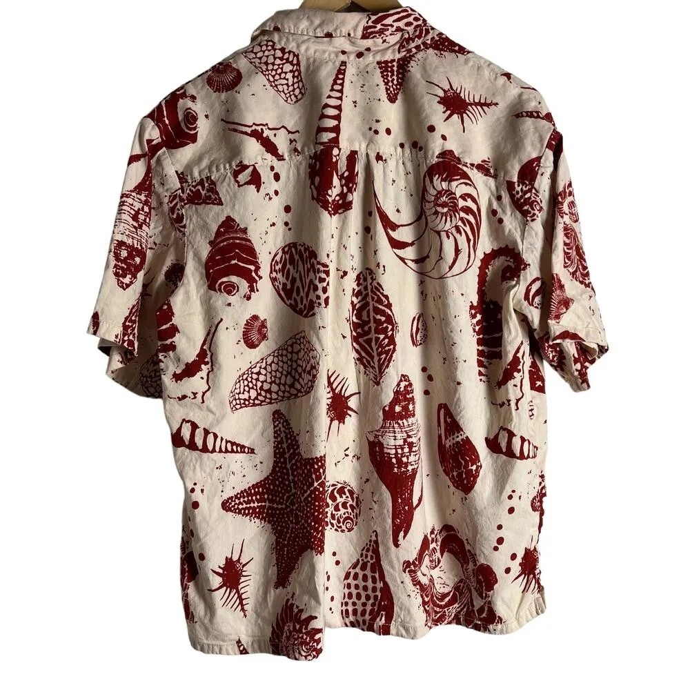 Rebecca Taylor Sea Shore Cabana Red White Seashell Print Linen Shirt Size Large - Image 11