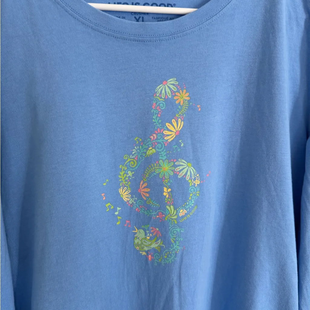 Life is Good Women’s Long Sleeve Crusher Periwinkle Blue Music Note Floral XL - Image 4