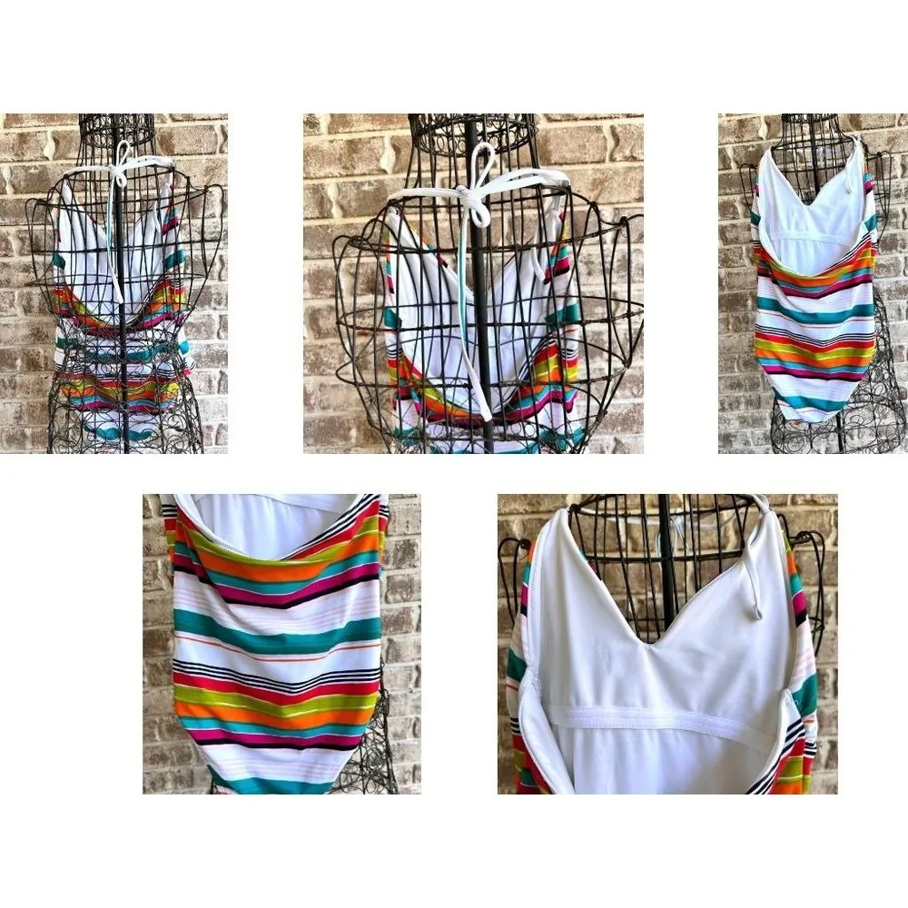 LOFT Beach Swimsuit Size 4 Striped One Piece Halter Shelf Bra V Neck New… - Image 10