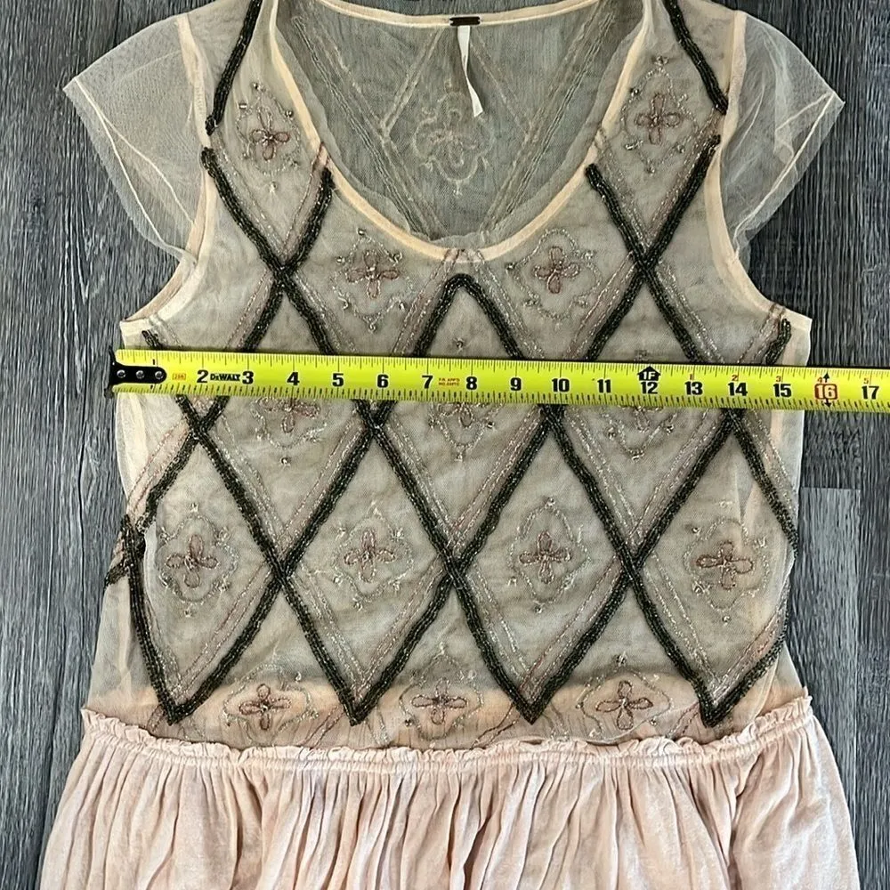 Free People boho intricately beaded embroidered blush sheer top XS TP LOOSE FIT - Image 15