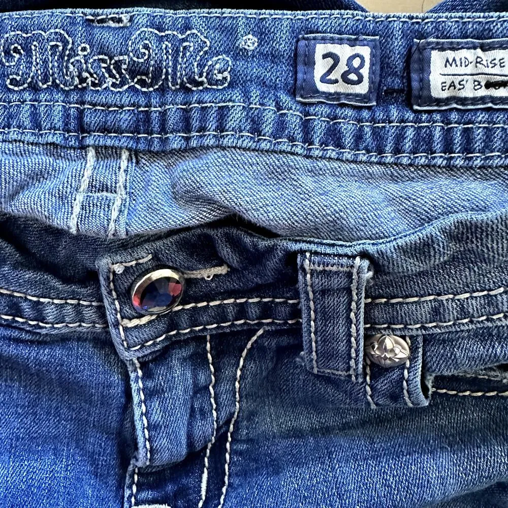 Miss Me Mid Rise Easy Bootcut Jeans Medium Wash Rhinestone Western Blue 28 - Image 4