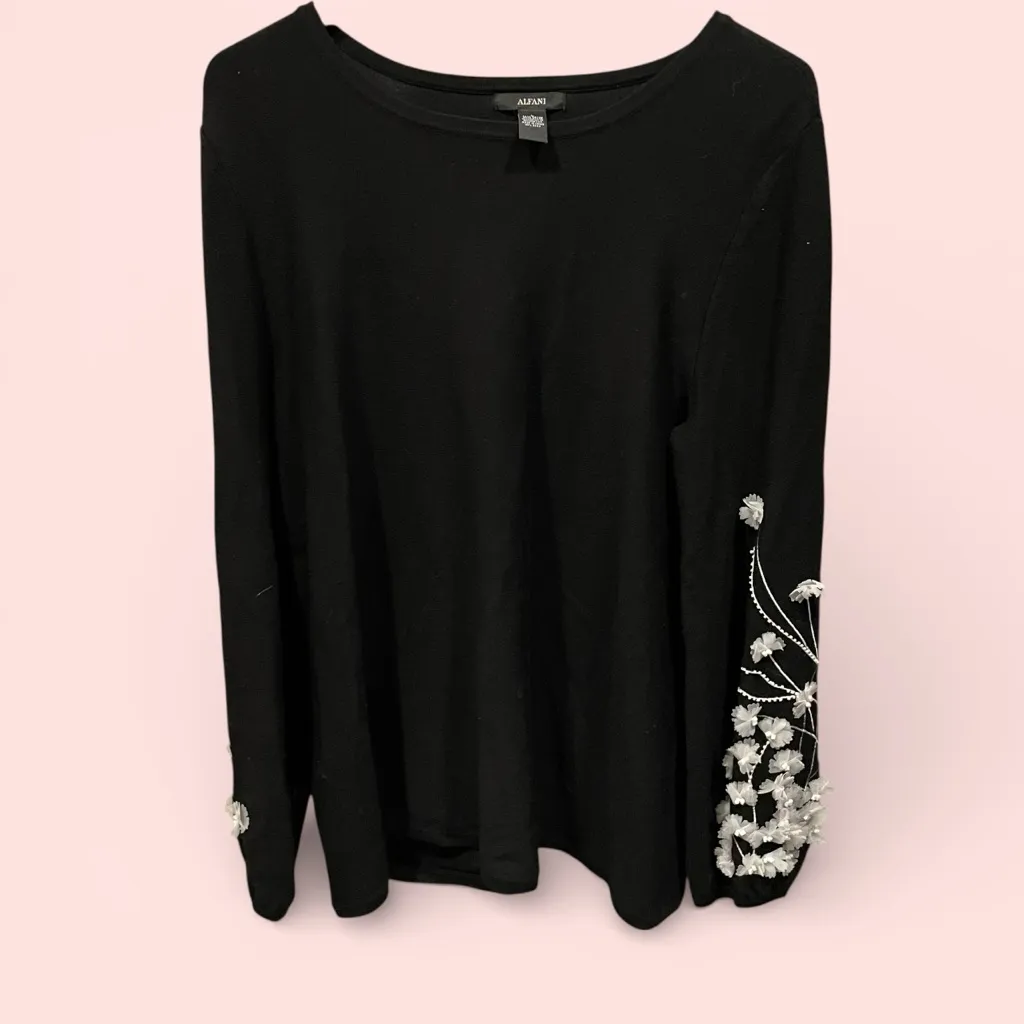 Cute black oversized sweater 3d floral sleeve appliqué beaded detail whimsigoth - Image 2