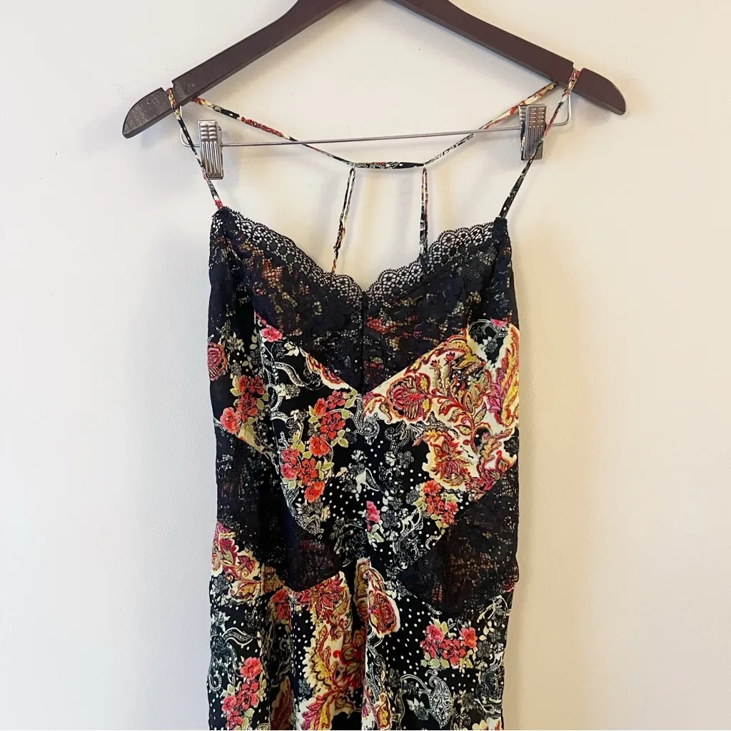 Free People Intimately Black Lace Mini Slip Dress Pink Floral Print Small - Image 2