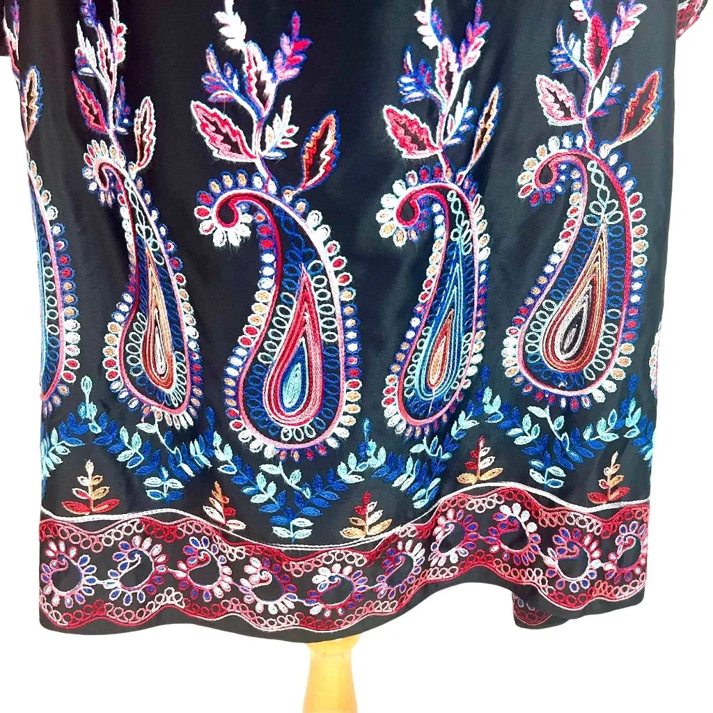 Nicole Miller Black Boho Embroidered Off The Shoulder Mini Dress 10 Flowy Whimsy - Image 3