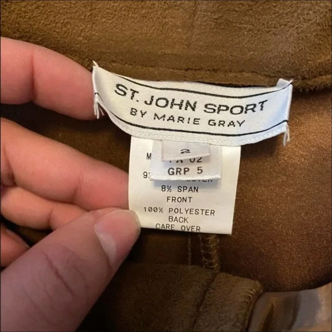 Vintage St. John Sport Faux Suede Pants y2k Slit Chain Floral Embroidery Tan 2 - Image 5