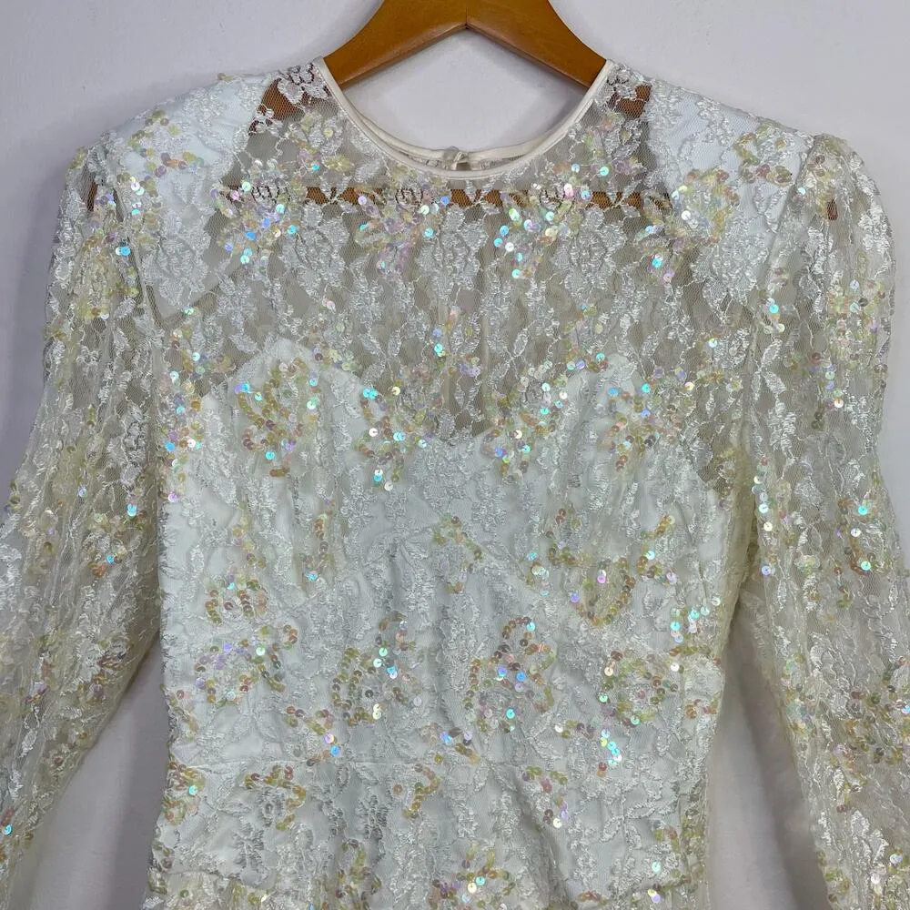 Vintage 80s 90s Marie St Claire Ivory Sequin Embroidered Lace Sheer Dress 8 new - Image 2