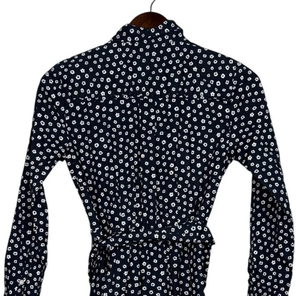J.Crew Floral Print Long Sleeve Button Down Midi Shirt Dress Belted 0 Blue White - Image 6