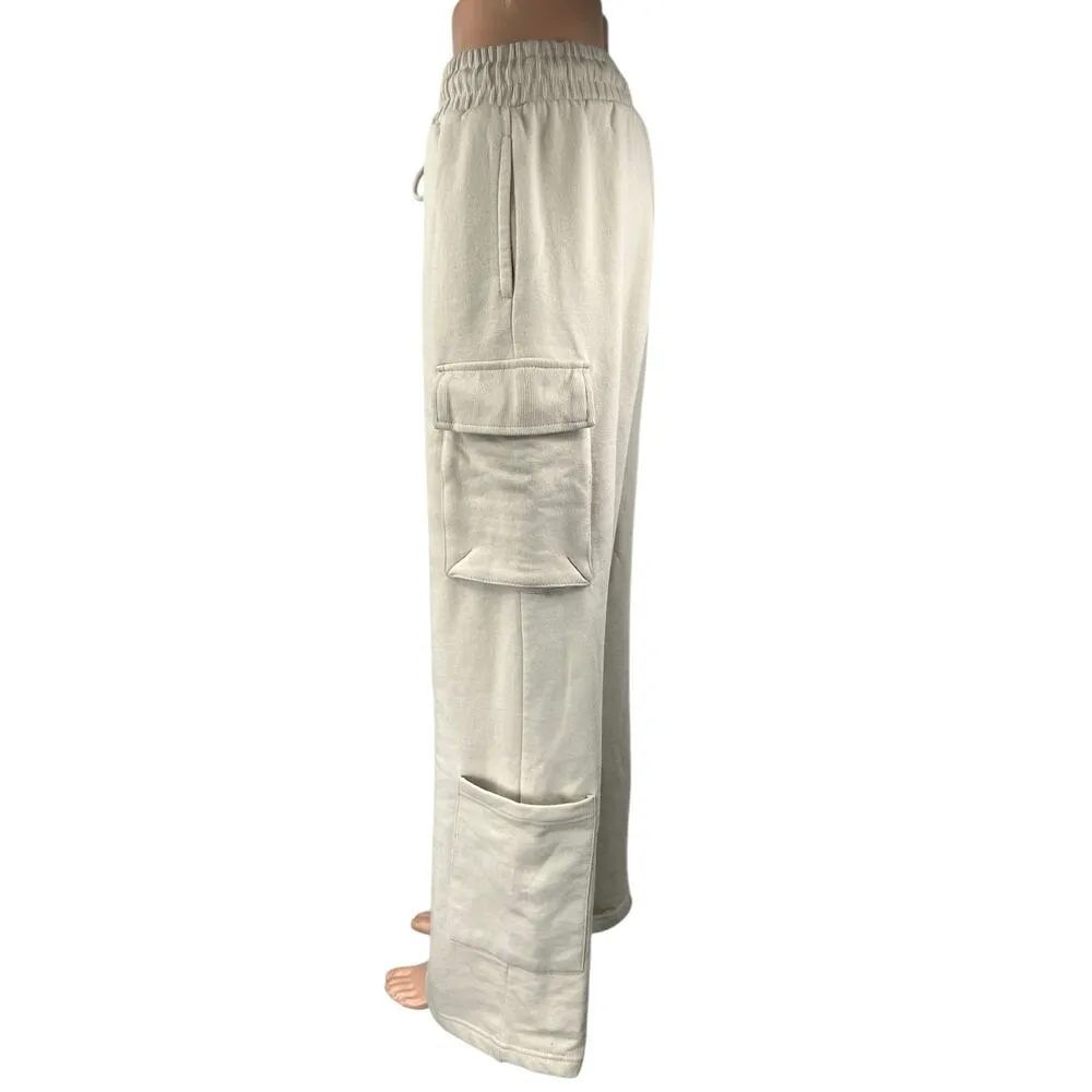 Zara Women's Cream White Fleece Wide Leg High Waist Trousers Cargo Pants Size M - Image 2