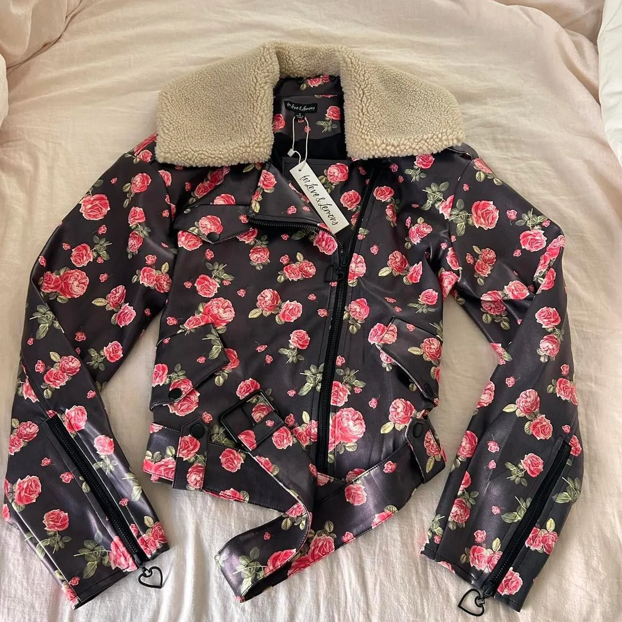 For Love & Lemons Wren Vegan Leather Moto Jacket Floral Rose Romantic Grunge new - Image 2