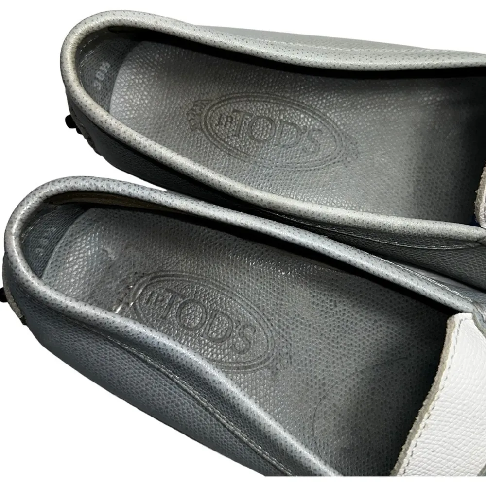 Tod’s Women’s Size 38.5 7.5 Blue White Pebbled Leather Nub Bottom Penny Loafers - Image 9