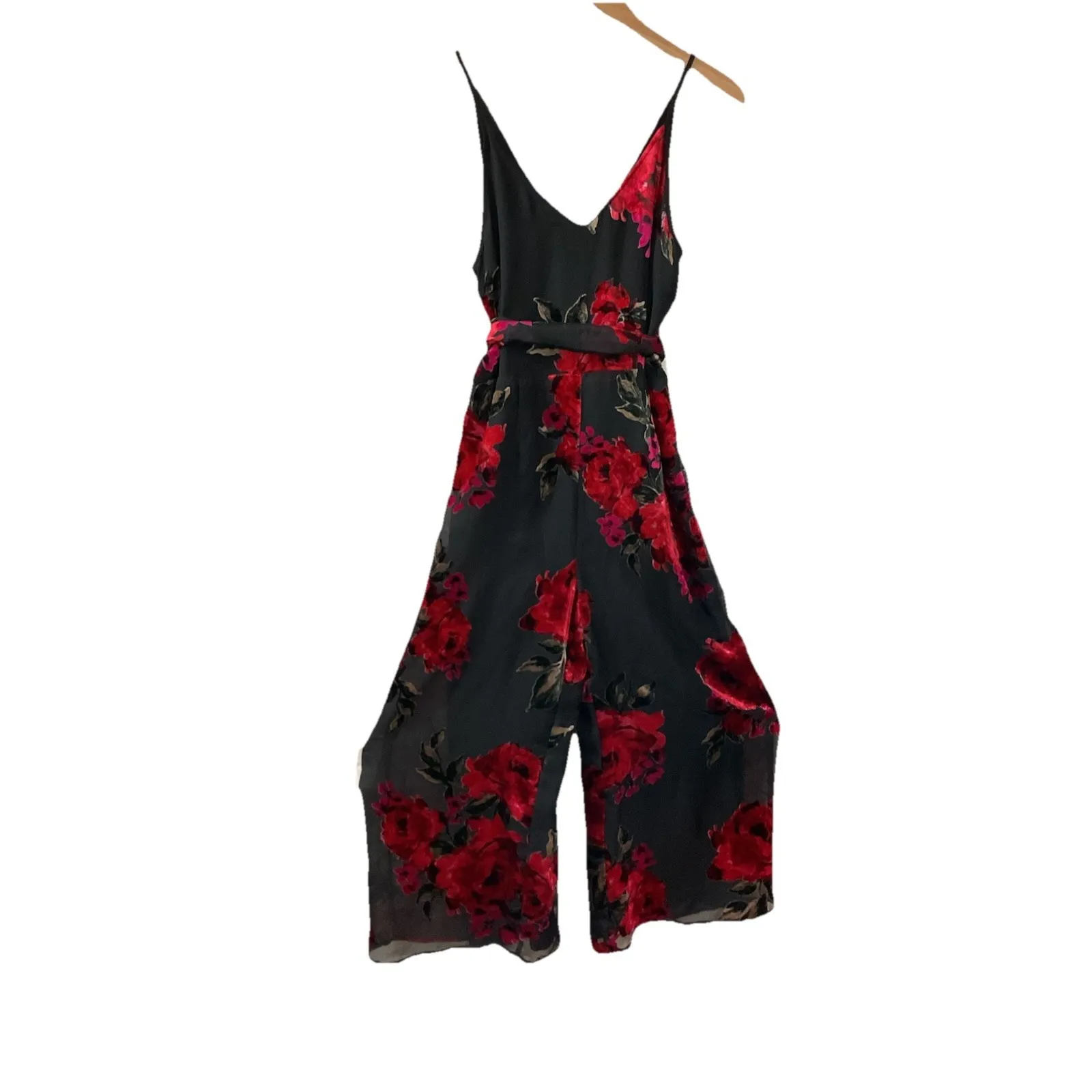 Anthropologie Ett:twa Red Black Floral Velvet Burnout Waisted Jumpsuit Romantic - Image 9