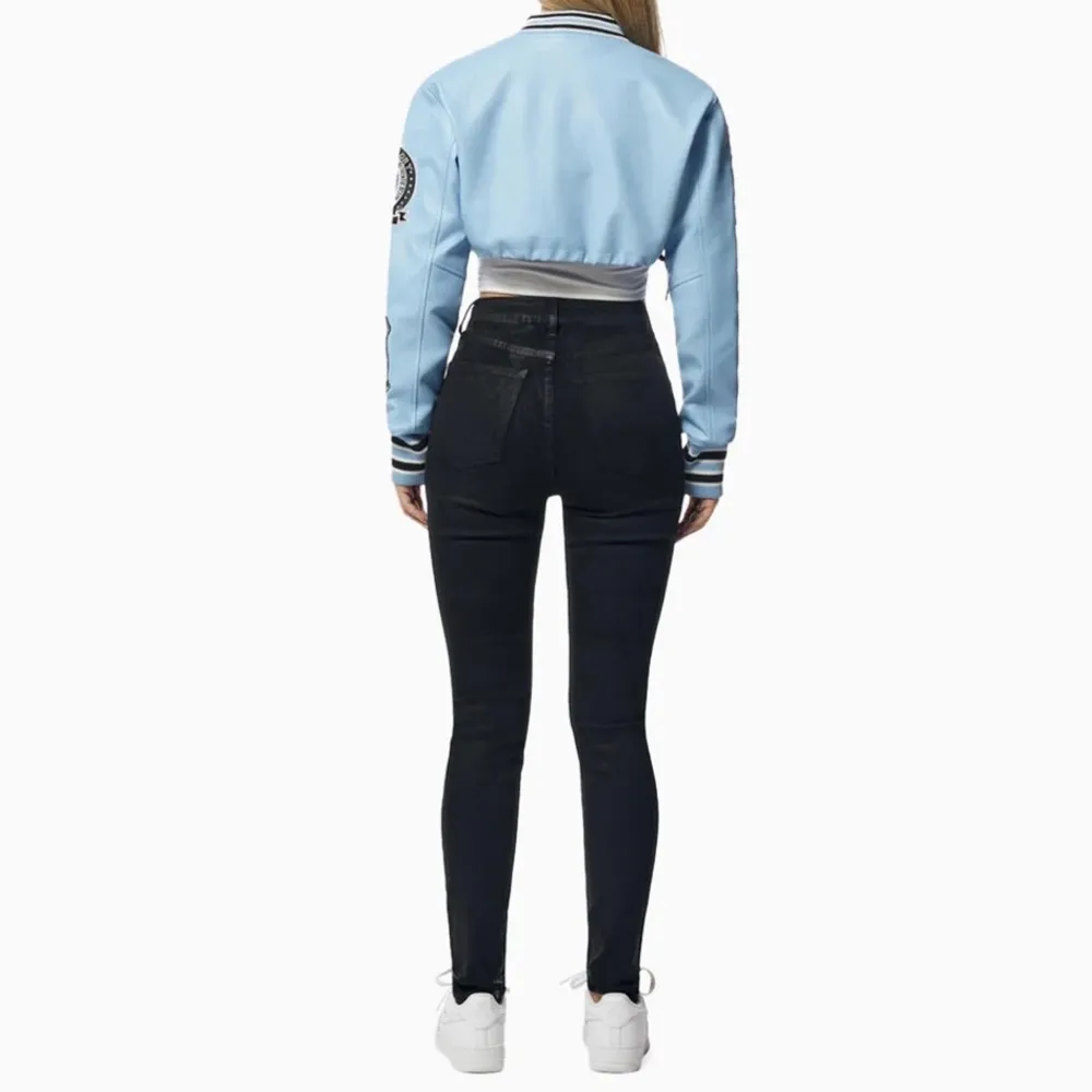 NEW! Smoke Rise Red PU Leather Varsity Jacket Coat Baby Blue Cropped Y2K Sz S Size M - Image 5