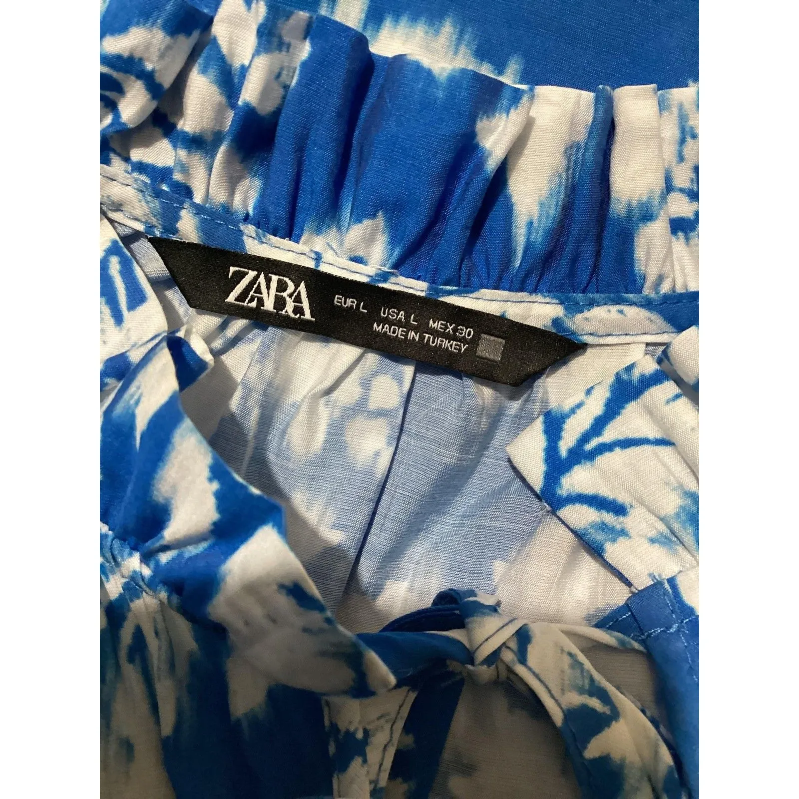 Zara Blouse Womens Large Blue White Floral Tie Neck Ruffle Collar Long Sleeve - Image 5
