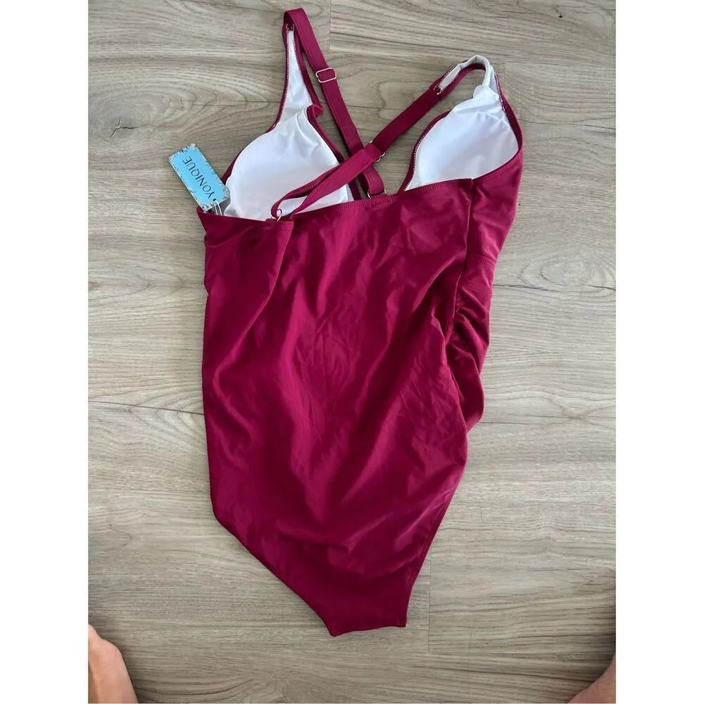 NEW Yonique Plus Size 1 Pc Swimsuit Tummy Control Lace up Plunge XL Red - Image 2