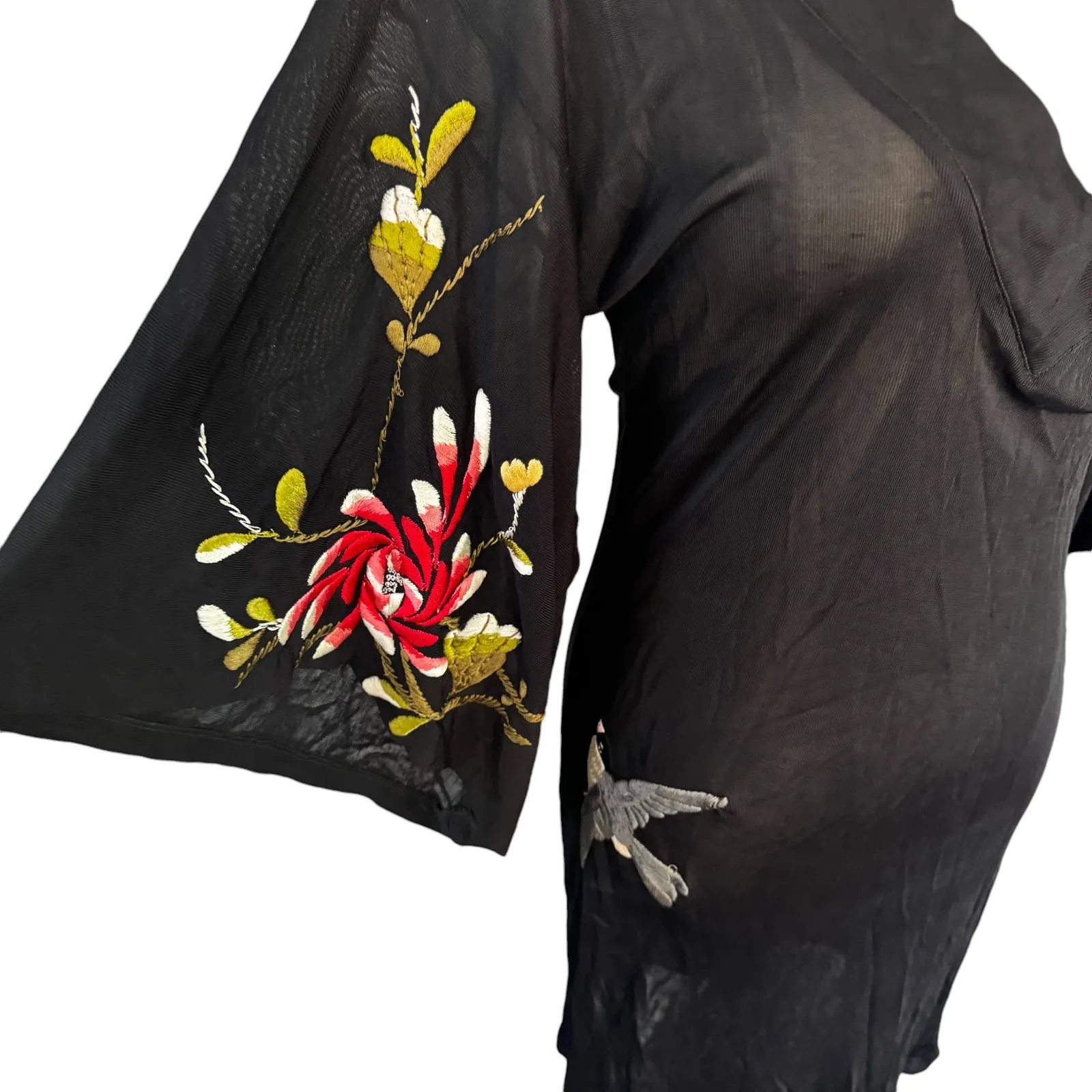 Jean Paul Gaultier Vintage Floral Hummingbird Kimono Sleeve Mesh Mini‎ Dress Black Size L - Image 3