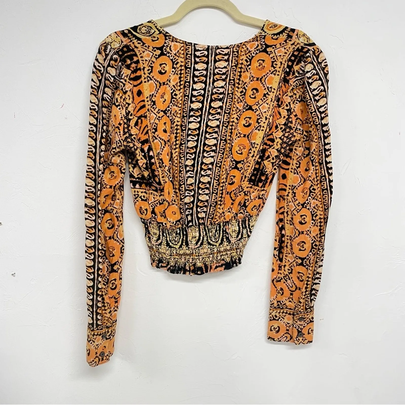 Free People Yellow & Black Printed Boho Long Sleeve Blouse Womens XS Cropped - Image 10