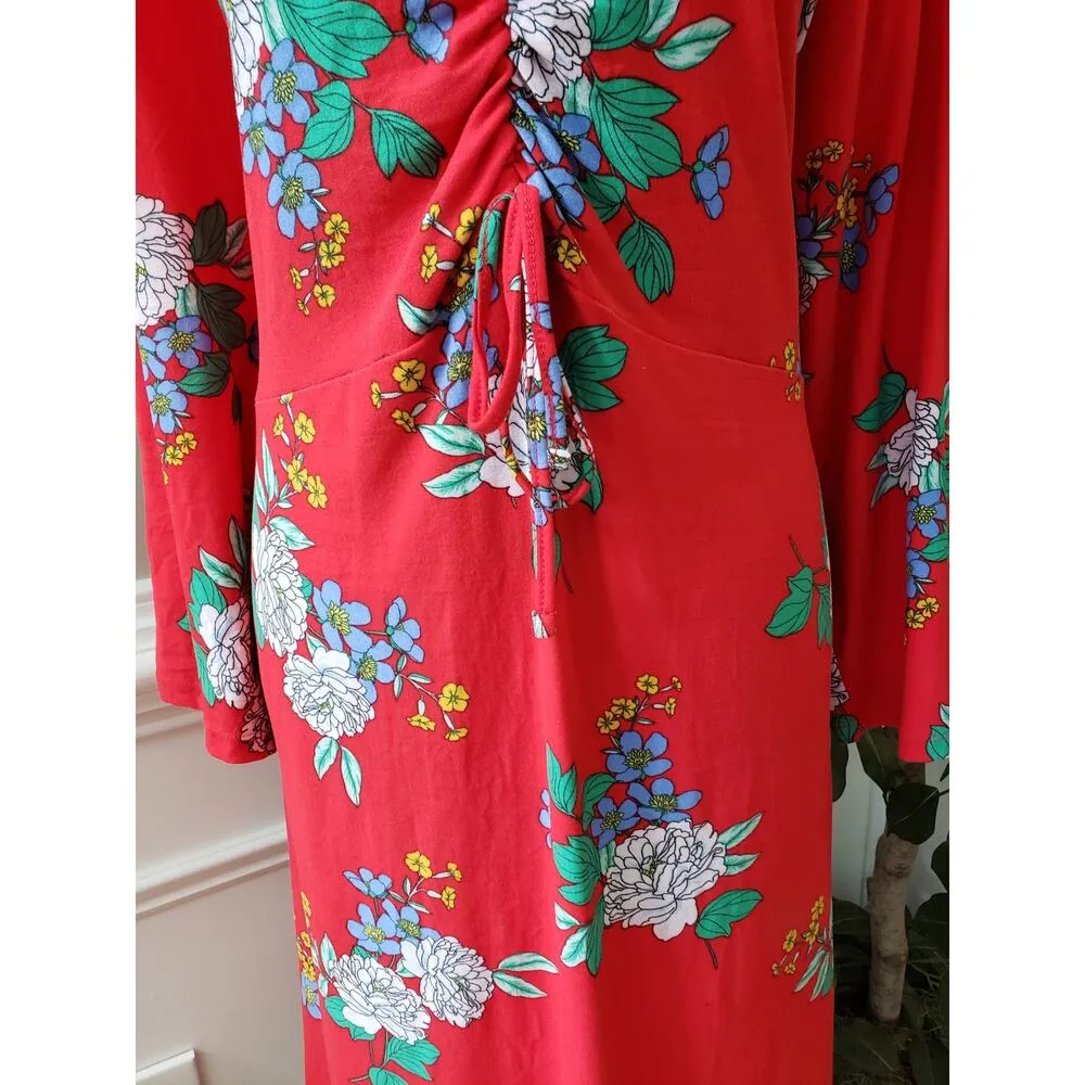 Bobbie Brooks Knee Length Dress Women 3X Red Floral Ruched Long Sleeve V Neck - Image 9