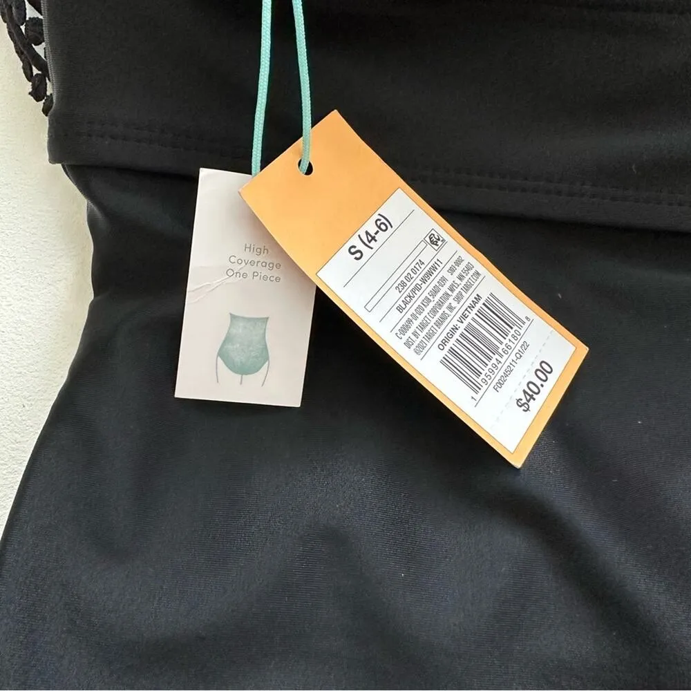 Kona Sol Swimsuit One Piece Black Crochet Flounce Strapless Small NEW - Image 11