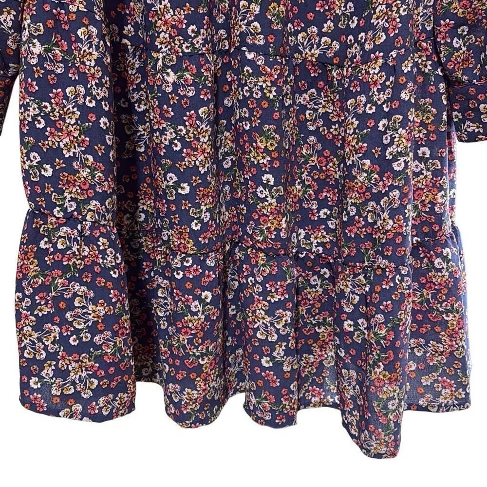 Time and Tru XXL Blue Pink Floral Tiered V Neck Babydoll Dress Long Sleeve Fall - Image 4