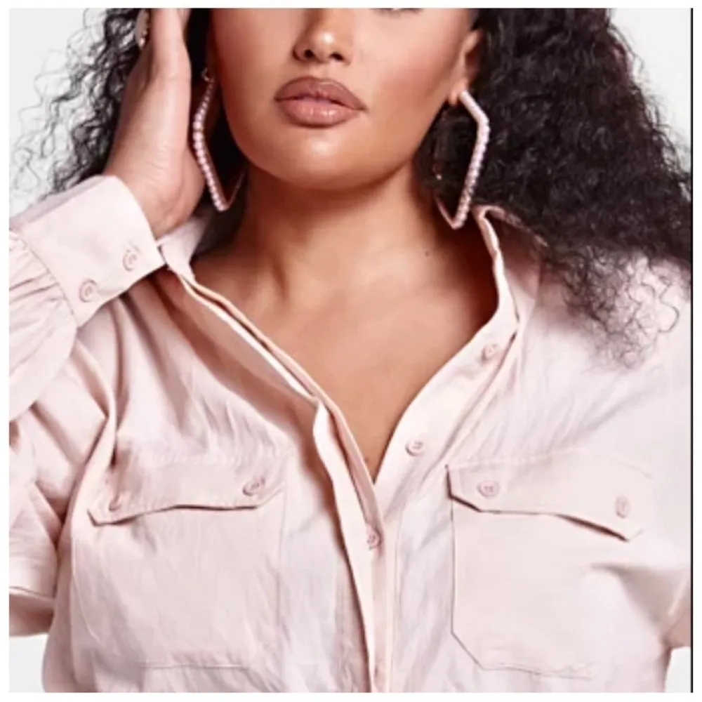 Fashion to Figure Beige Utility Tie Front Cotton Long Sleeve Romper Size 1X - Image 5