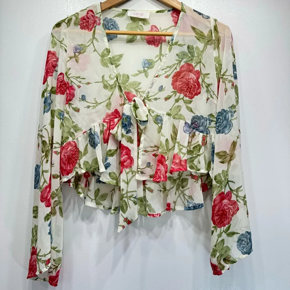 Sheer Floral Ruffle Hem Long Sleeve Tie Front Shrug Small - Image 8