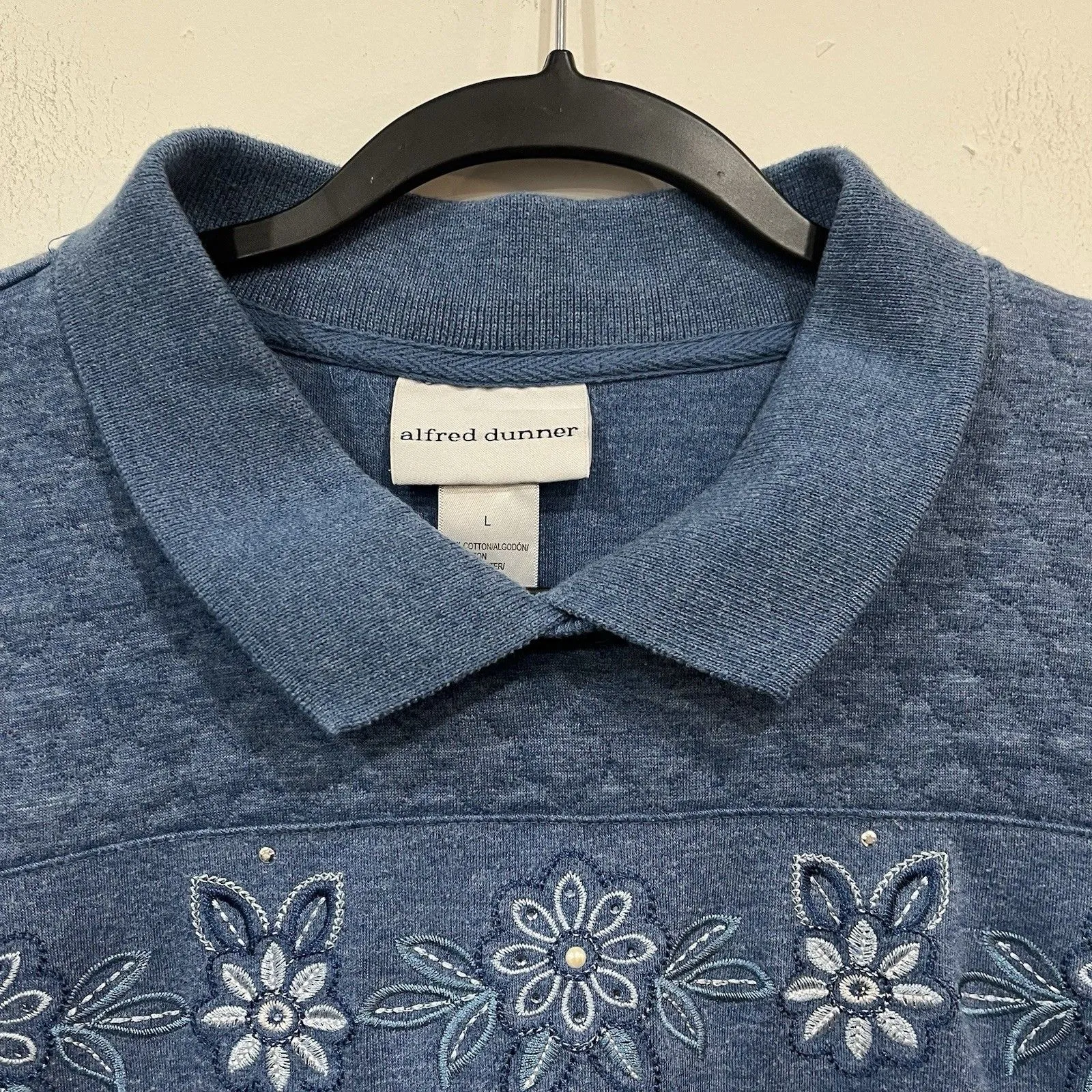 Alfred Dunner Floral Rhinestone Embroidered Collared Sweatshirt Cottage Large - Image 4