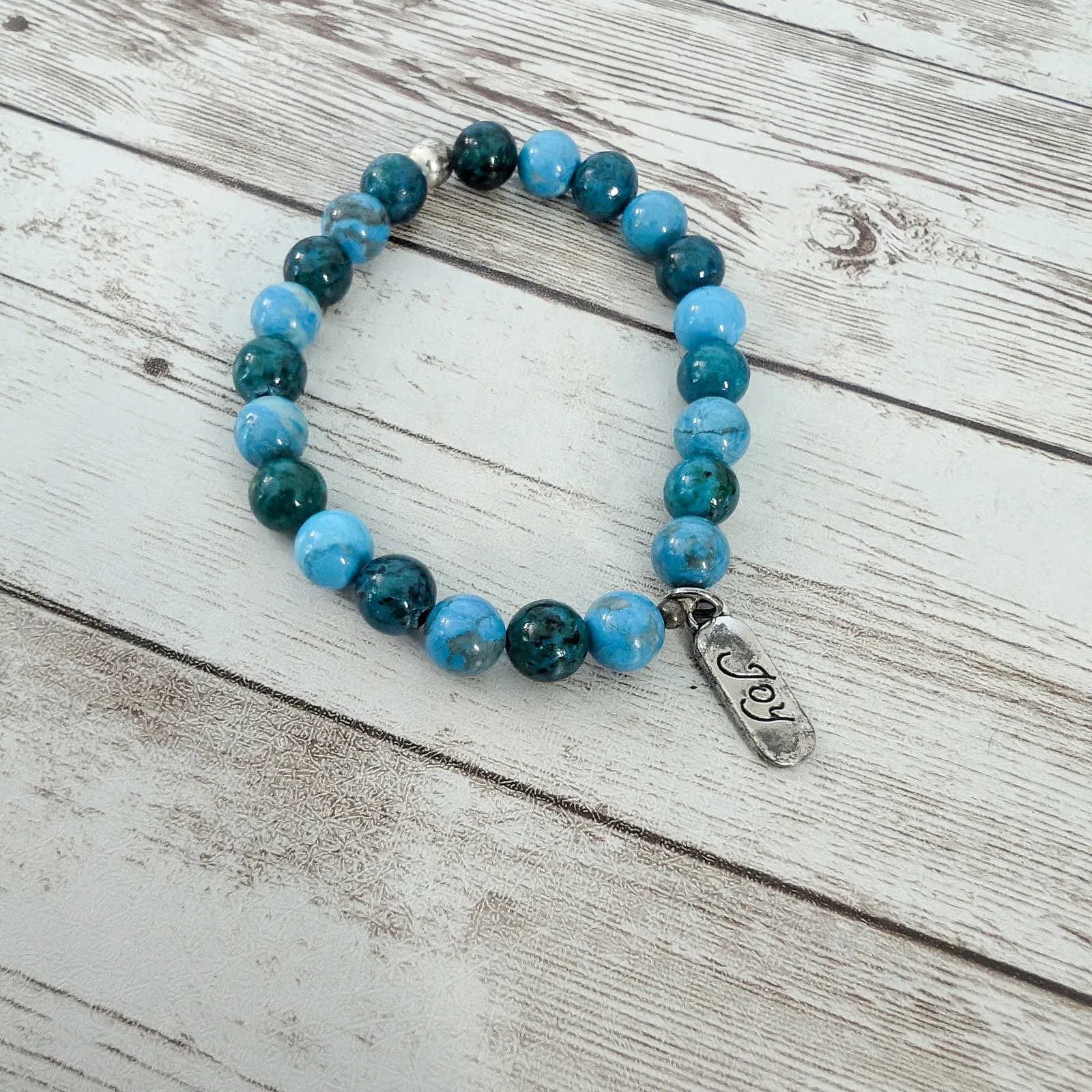 Blueish Turquoiseish Tone Beaded Stretch Bracelet with Joy Charm - Image 7