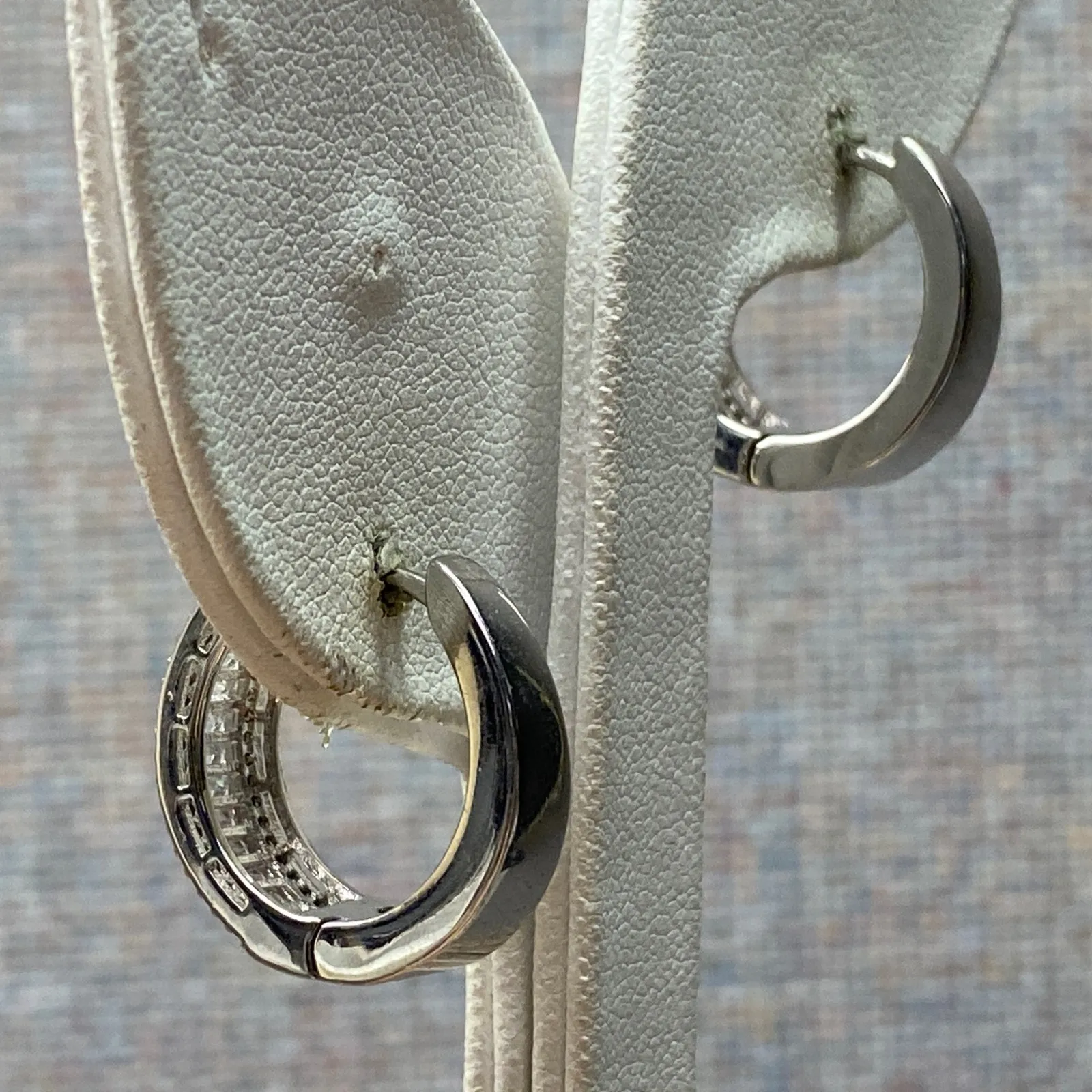 Silver Plated Baguette Cut Crystal Huggie Hoop Earrings Minimalist Sparkling - Image 5