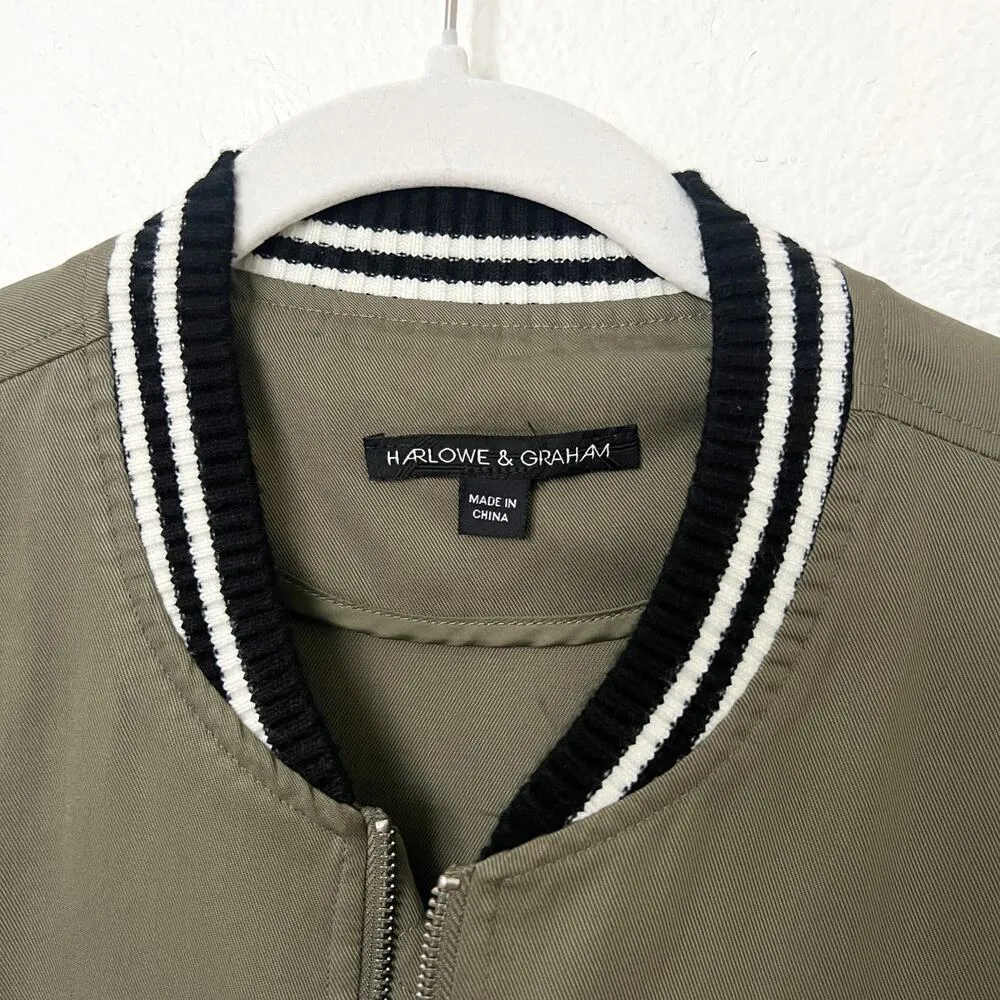 [Harlowe & Graham] Olive Green Striped Cuff Zip Up Bomber Jacket Size Medium M - Image 9