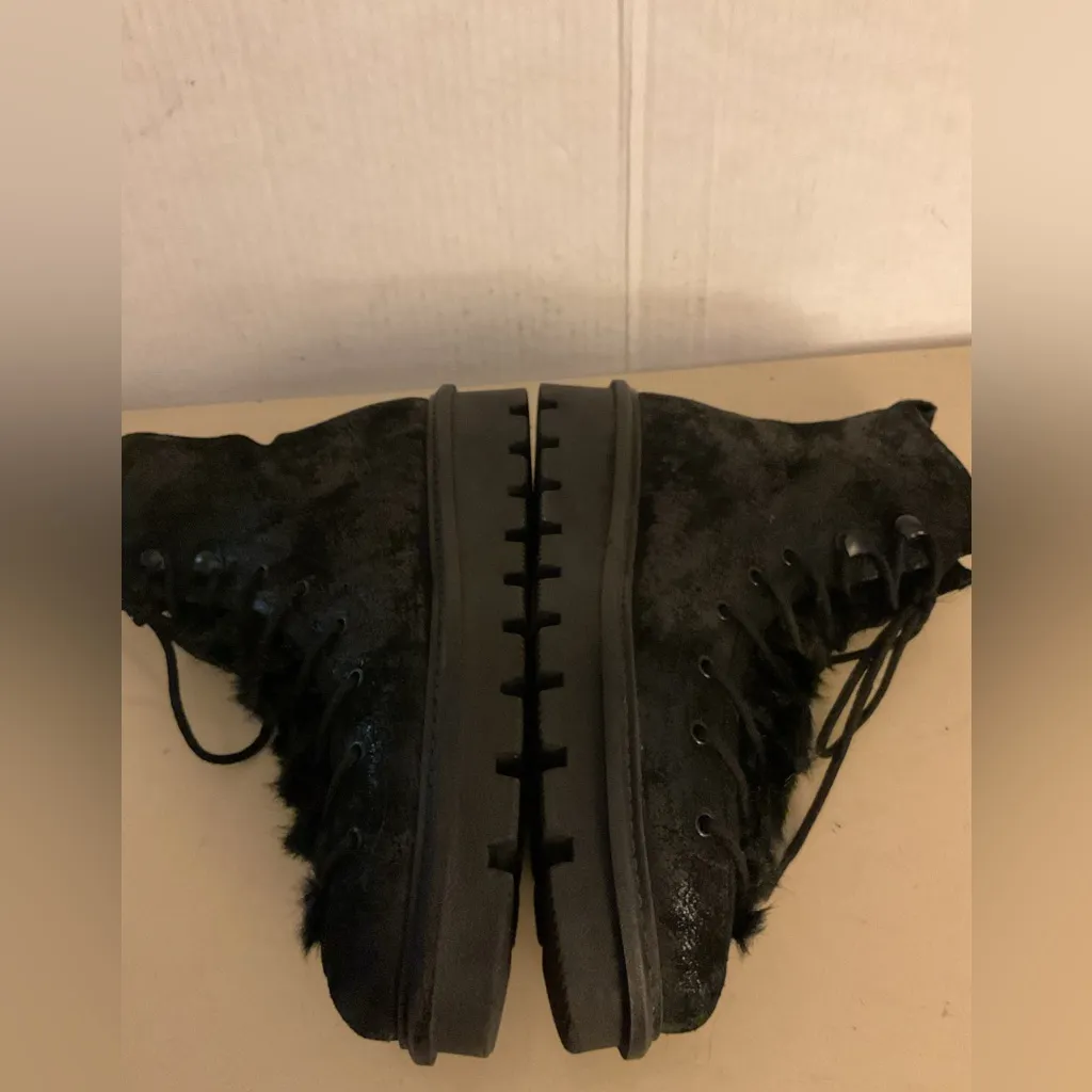 Seychelles women black metallic leather faux fur lace up combat boots size 6 - Image 12