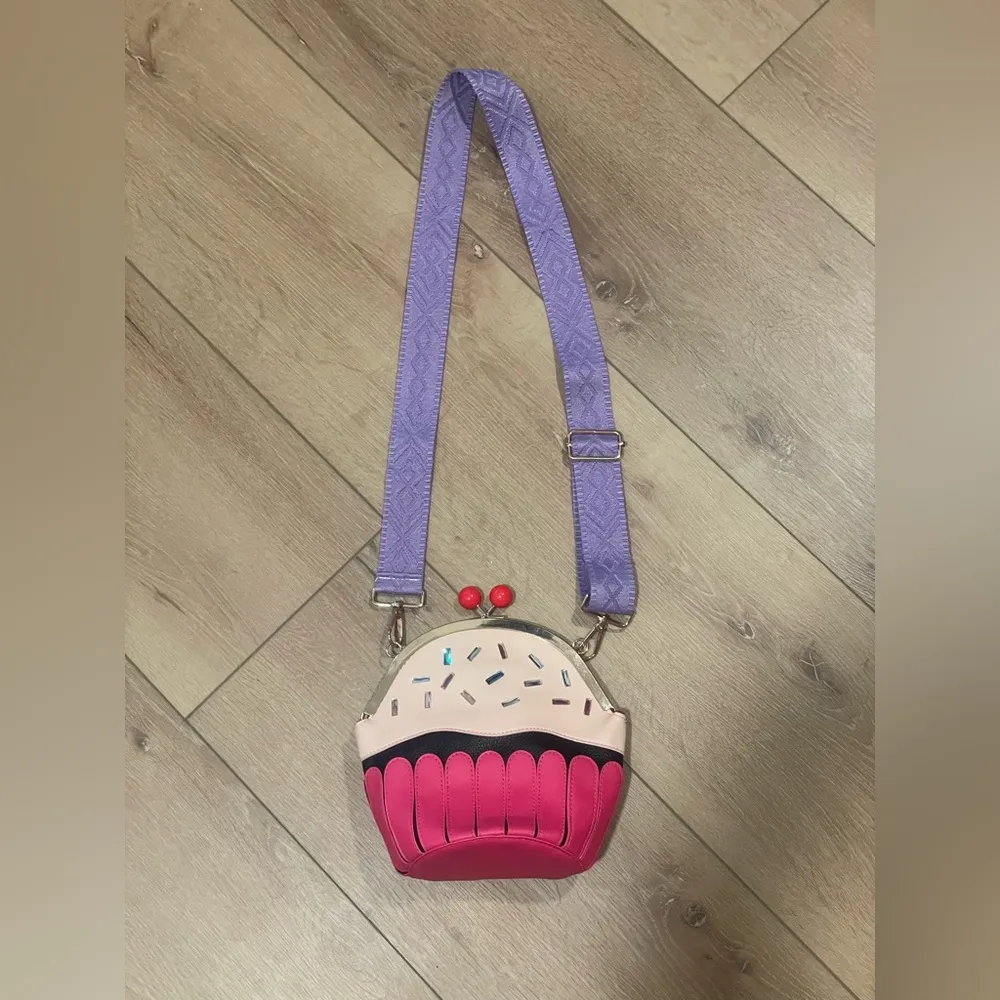 Cupcake Crossbody Purse with Embroidered Purple Strap – Fun Novelty Bag Pink - Image 3