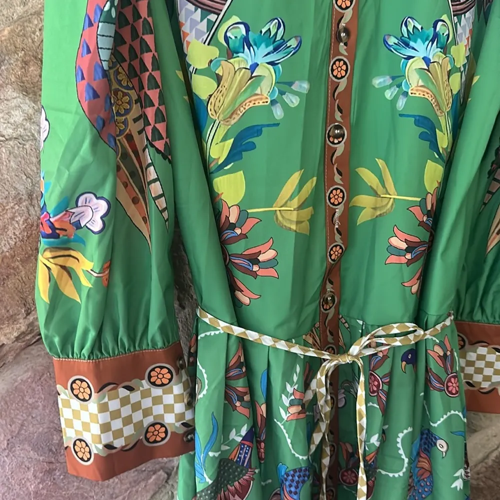 Commense Boho Long Sleeve Button Floral Dress size L Green Size L - Image 4