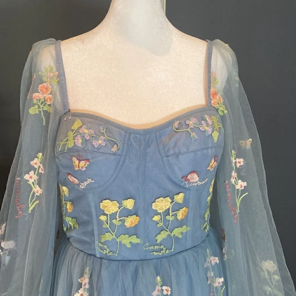 Women’s Blue Dress Embroidered Flowers & Butterflies Corset Back Size 8 **READ Blue - Image 2