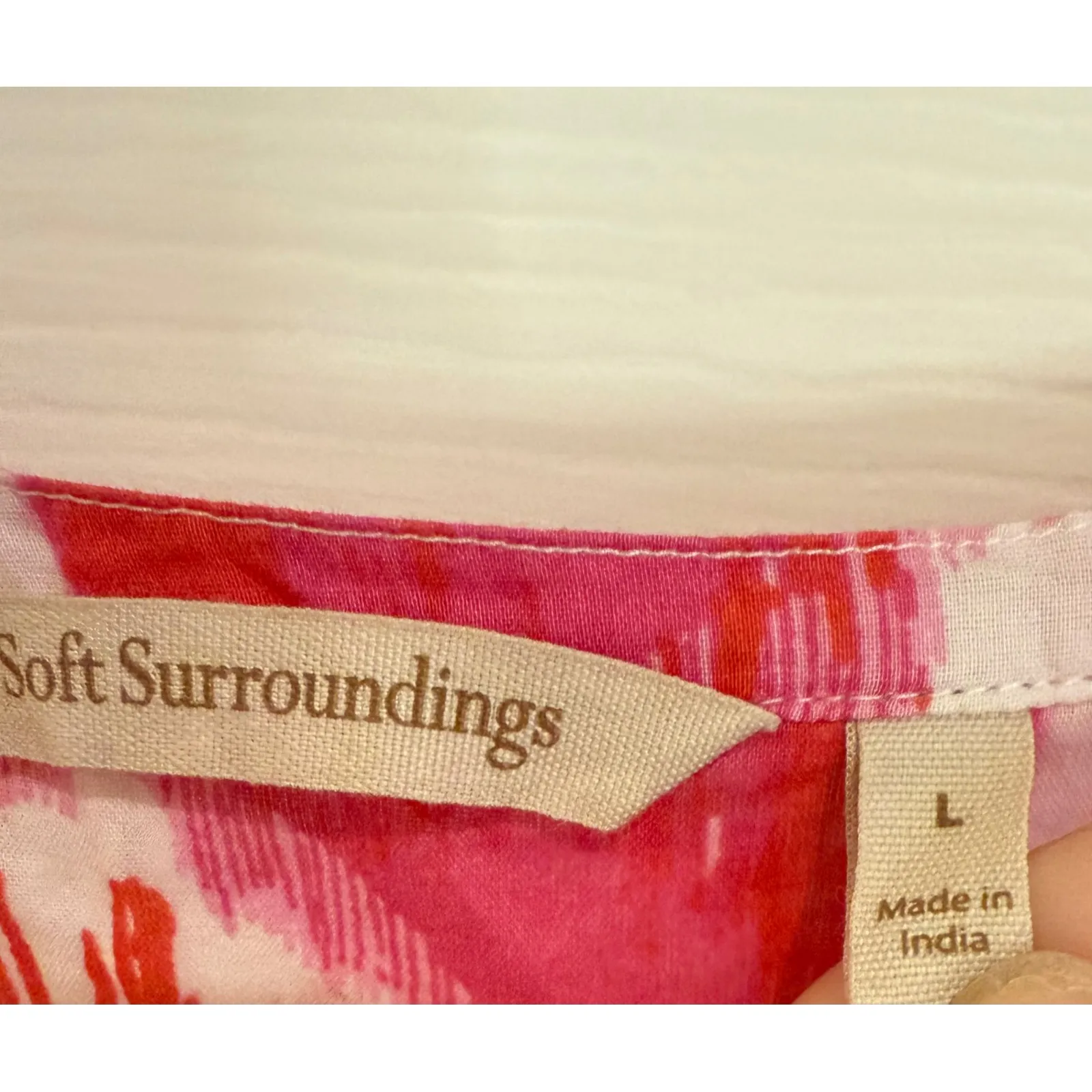 Soft Surroundings Embroidered Tunic Dress Pink White Ikat Print L - Image 4