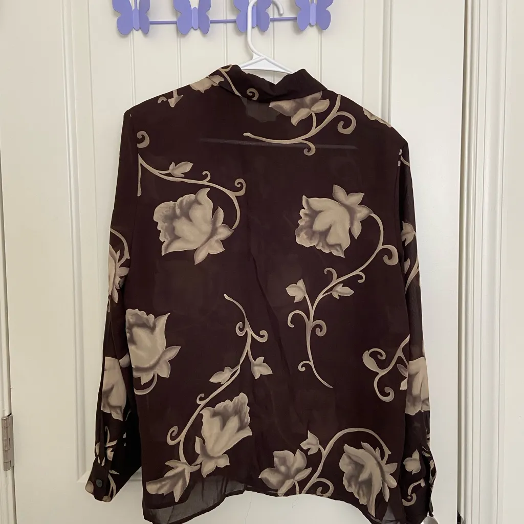 EUC Vintage Josephine Chaus women’s brown tan floral sheer button‎ down shirt 10 - Image 6