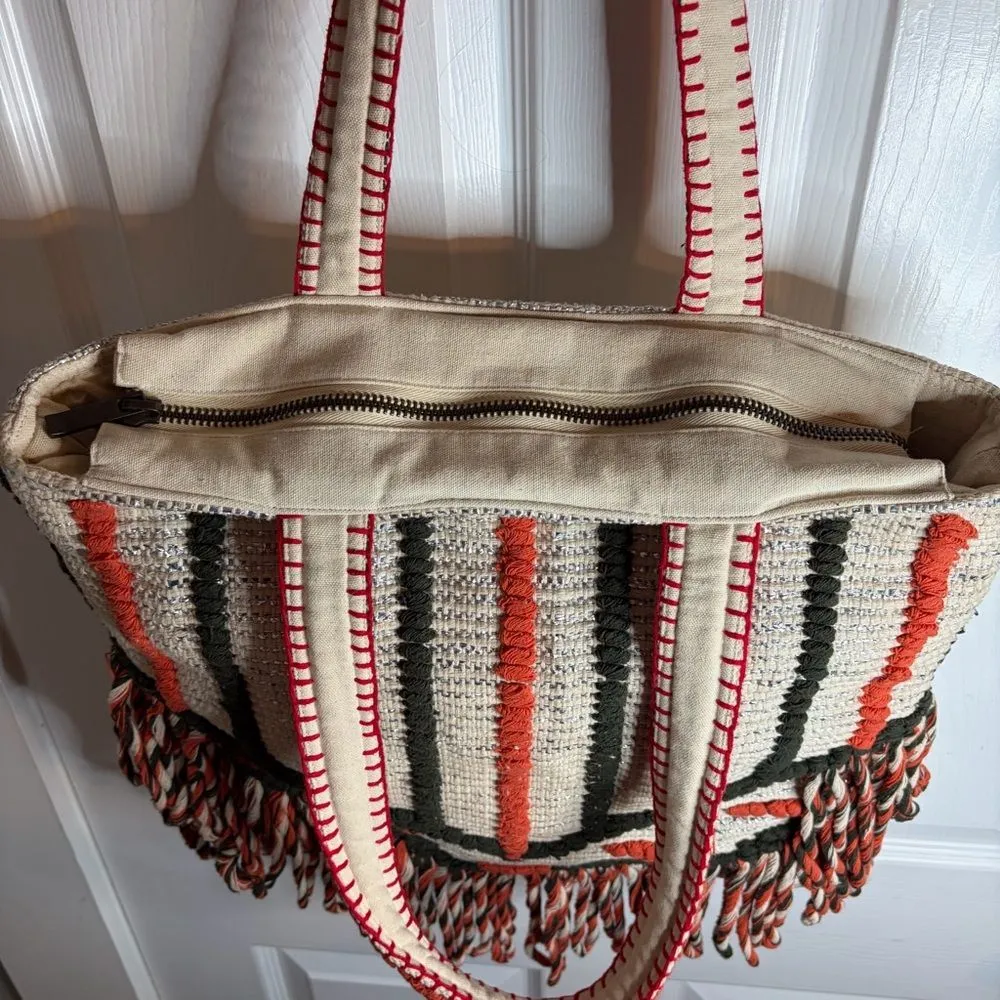 Lilla P Cotton Lurex Coral Cream Silver Metallic Stripe Crochet Beach Tote Bag L Orange - Image 9