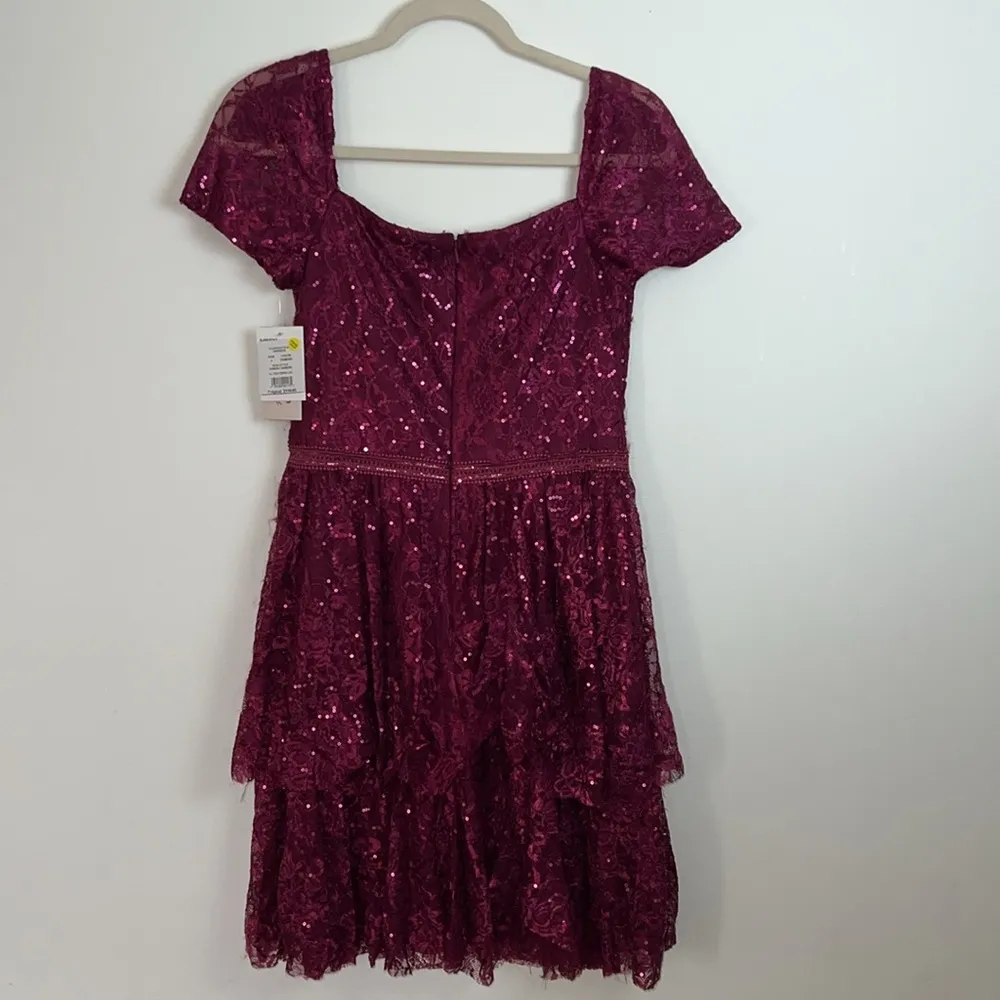David’s bridal, Short sleeve illusion lace tiered ruffle dress NWT,4, burgundy - Image 7